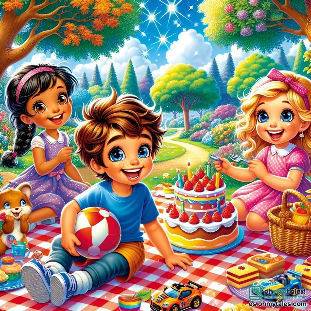 Un niño de 4 años llamado Lucas, con cabello castaño desordenado y una gran sonrisa alegre, está sentado sobre una manta de picnic a cuadros rojos y blancos. Sostiene una pelota roja en sus manos, con los ojos brillando de emoción. A su lado, su mejor amiga Sofía, una niña de 4 años con largas trenzas rubias y un vestido rosa, está colocando un plato de pasteles sobre la manta. Un poco más lejos, Mateo, un niño de 4 años con cabello negro y gafas redondas, juega con su coche de carreras de plástico, mientras que Carla, una niña de 4 años con cabello castaño y un vestido azul, los observa con una sonrisa tímida. El lugar es un parque verde, lleno de árboles majestuosos y flores coloridas que bailan con la suave brisa. El cielo es de un azul brillante, salpicado de algunas nubes blancas y esponjosas. La escena muestra a los cuatro amigos reunidos alrededor de su picnic, riendo y compartiendo pasteles, simbolizando la alegría de la amistad y el placer de jugar juntos en un entorno soleado y acogedor.