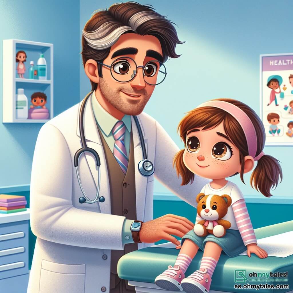 El personaje principal es un hombre, el Dr. Alberto, un médico de unos cuarenta años con cabello castaño ligeramente canoso y gafas redondas. Lleva una bata blanca impecable, un estetoscopio alrededor del cuello y muestra una sonrisa cálida y tranquilizadora mientras examina a una niña pequeña. La niña, Lucas, tiene alrededor de diez años, con cabello castaño despeinado y ojos brillantes de curiosidad. Está sentada en una mesa de examen, sosteniendo un juguete de peluche en sus brazos, y mira al Dr. Alberto con confianza. El lugar es un consultorio médico colorido y acogedor, con paredes pintadas de azul claro, carteles educativos sobre la salud y una sala de espera llena de juguetes y libros para niños. La situación principal muestra al Dr. Alberto explicándole calmadamente a Lucas lo que va a hacer para ayudarla a sentirse mejor, mientras la niña escucha atentamente, con una sonrisa tímida en su rostro.