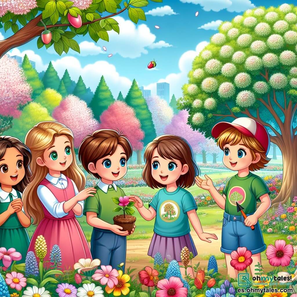 En un parque en plena floración, cuatro chicas de diez años están juntas, rodeadas de flores coloridas. María está a la izquierda, con largos cabellos castaños y un vestido rosa, sonríe señalando un gran cerezo en flor. Clara, a su lado, tiene cabello rubio y lleva una blusa azul, toca delicadamente una flor con asombro. Lucía, en el centro, tiene cabello castaño y una camiseta verde, explica con entusiasmo la magia de la naturaleza. Sofía, a la derecha, con cabello corto y una gorra roja, sostiene una pequeña pala y mira el suelo con determinación. El parque está bañado de luz, con majestuosos árboles, flores multicolores y un cielo azul claro salpicado de nubes blancas esponjosas. Las chicas están planeando una siembra de bellotas, rodeadas de alegría y emoción, listas para hacer germinar nuevos árboles en su jardín escolar.