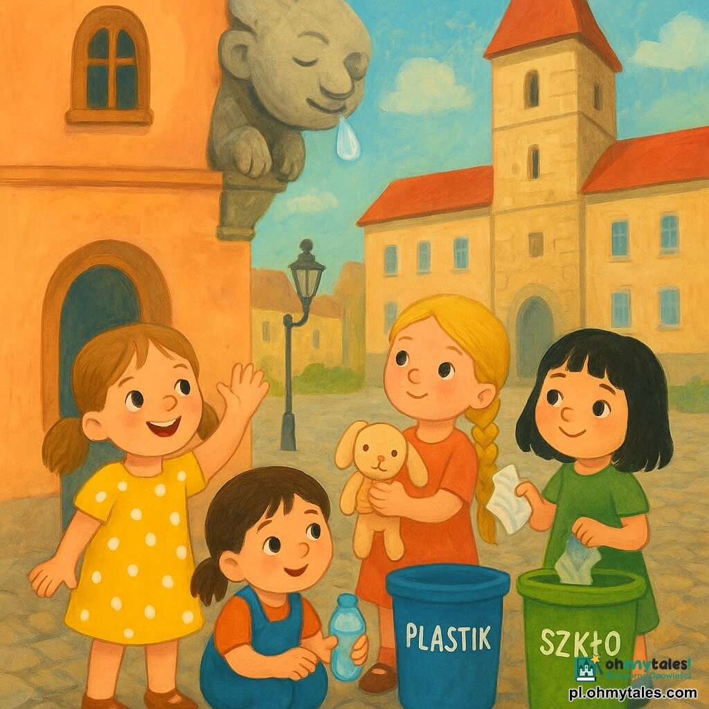 Na rynku z kamienną, niską fontanną stoi pięć postaci: Hania, 3 lata, jasnobrązowe włosy w kucykach, żółta sukienka w białe kropki, stoi z przodu po lewej, podnosi rękę i szeroko się uśmiecha do gargulicy; Maja, 3 lata, krótkie ciemne włosy, niebieskie ogrodniczki, kuca przy koszu na śmieci, trzyma małą plastikową butelkę jak skarb; Zosia, 3 lata, blond warkocz, trzyma beżowego przytulanka, stoi na środku, patrzy na gargulicę z czułą, ochronną miną; Lila, 3 lata, czarne włosy z grzywką, zielona sukienka, po prawej, trzyma zmiętą kartkę reklamową nad koszem na śmieci; Gienia, gargulica — żeński, kamienny posąg na rynnie wieży ratusza w pastelowych elewacjach w tle, okrągła, nieco nadąsana twarz, która łagodnieje, kropla czystej wody spływa z kubeczka z fontanny i dotyka jej nosa. Na brukowanym placu stoją trzy kolorowe kosze (papier, plastik, szkło), żeliwna latarnia; scenę charakteryzuje magiczny, zabawny moment, dziewczynki patrzą w górę, klaszczą i się uśmiechają, drobne przezroczyste pluski, ciepła, fantazyjna atmosfera, żywe, gwaszowe kolory i widoczne pociągnięcia pędzla, wyraziste, czułe mimiki.