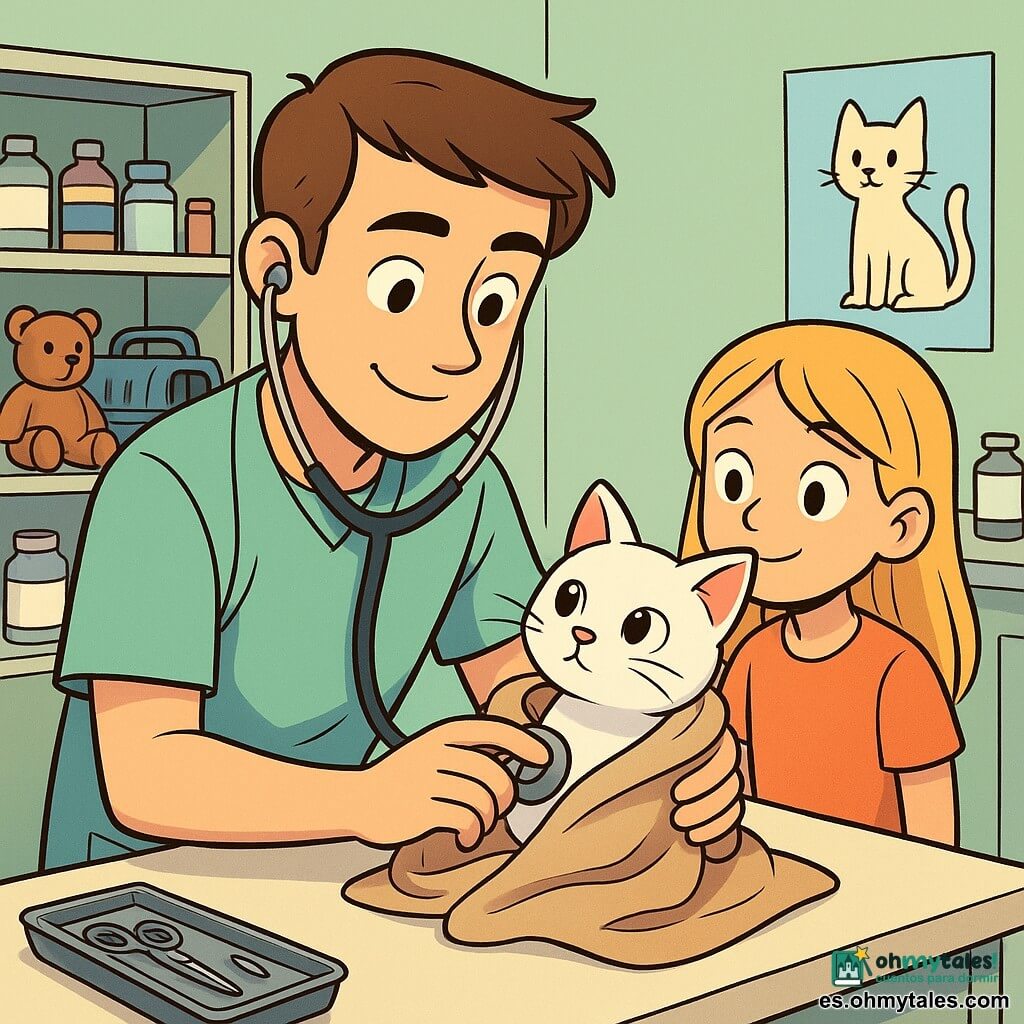 Mateo, un joven veterinario sonriente y concentrado, con cabello castaño y ojos amables, examina atentamente a una pequeña gata blanca llamada Lola. Una niña de 10 años, Sofía, con cabello rubio y ojos curiosos, está al lado de Mateo, observando con atención y una expresión de esperanza en el rostro. La escena ocurre en una clínica veterinaria luminosa, con paredes de colores pastel y estanterías llenas de suministros médicos y juguetes para animales. Mateo está arrodillado cerca de una mesa de examen, rodeado de herramientas veterinarias, mientras que Lola está delicadamente envuelta en una manta suave.