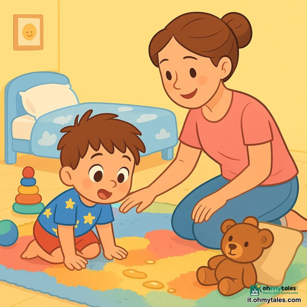 Un bambino di 2 anni, con capelli castani disordinati e grandi occhi curiosi, è accovacciato su un tappeto morbido e colorato. Indossa una maglietta blu con stelle gialle e pantaloni corti rossi, e il suo viso esprime grande concentrazione ed eccitazione. Accanto a lui, sua madre, una donna di circa 30 anni con capelli castani raccolti in uno chignon, sorride mentre lo guarda. Indossa una maglietta rosa e jeans, e lo sta aiutando a cercare il suo orsetto di peluche. La scena si svolge in una camera per bambini luminosa, con pareti dipinte di giallo pastello, giocattoli sparsi sul pavimento e un letto con lenzuola a motivi di nuvole. Al centro, il bambino esamina attentamente il tappeto, cercando indizi per ritrovare il suo orsetto. Gocce di miele brillano sul pavimento, che portano a un cuscino del divano dove si nasconde l'orsetto.