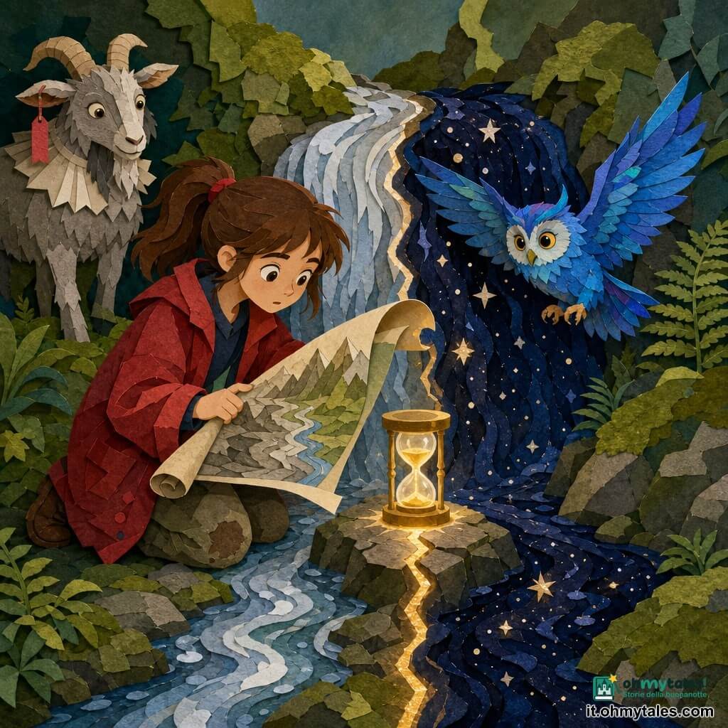 Una apprendista strega di nome Livia, espressione concentrata e meravigliata, capelli castani raccolti in coda, giacca rossa un po' grande, tiene una piccola clessidra dorata luminosa su una pietra crepata; un piccolo gufo blu dalle piume iridescenti vola alla sua destra come guida protettiva; una capra bibliotecaria dal fare malizioso, con collare di carta e un segnalibro all'orecchio, osserva sullo sfondo; luogo: la Soglia dei Due Acque — una piccola cascata divisa in due ruscelli affiancati, uno chiaro e argentato, l'altro scuro con riflessi stellati, pietre muschiose e felci, con una fessura luminosa dove è posta la clessidra; la clessidra fa brillare la sutura tra le due acque e una mappa capovolta, semi-srotolata, fluttua tra le mani di Livia voltandosi lentamente mentre linee e montagne si rialzano; palette vivace e contrastata: verdi muschio, blu profondi, oro caldo, tocchi di rosso, carta texturizzata, ombre nette e contorni a ritaglio.