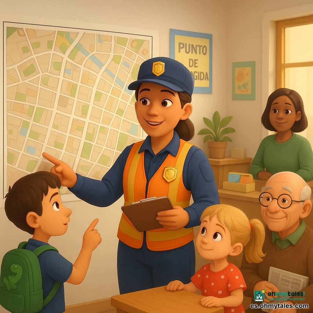Una policía, Clara, sonriente y serena, uniforme azul marino, chaleco reflectante naranja y placa, sostiene un cuaderno y un bolígrafo y señala con suavidad un gran plano del barrio; a su izquierda un niño, Leo (≈8 años), pelo castaño corto, mochila con parche de dinosaurio verde, curioso, señala una calle; a la derecha una niña, Nora (≈7 años), pelo rubio en coleta, vestido rojo con lunares blancos, atento y travieso apoyada en una pequeña mesa; en el fondo un abuelo de unos 70 años con gafas redondas y periódico bajo el brazo, sonriente junto a un banco; una voluntaria, Sara (≈30 años) con jersey verde detrás de un mostrador con folletos y una caja de "Objetos perdidos", mira al grupo con benevolencia. Lugar: interior luminoso del Punto de Acogida con paredes blancas, carteles y una gran mapa mural, mesa de madera, taza de té humeante, planta y puerta acristalada que entra luz dorada. Situación: Clara explica el plano a los niños en un ambiente tranquilo y acogedor, gestos claros, todos alrededor del mapa, colores pastel, iluminación suave, estilo 3D animado con texturas lisas y detalles infantiles.