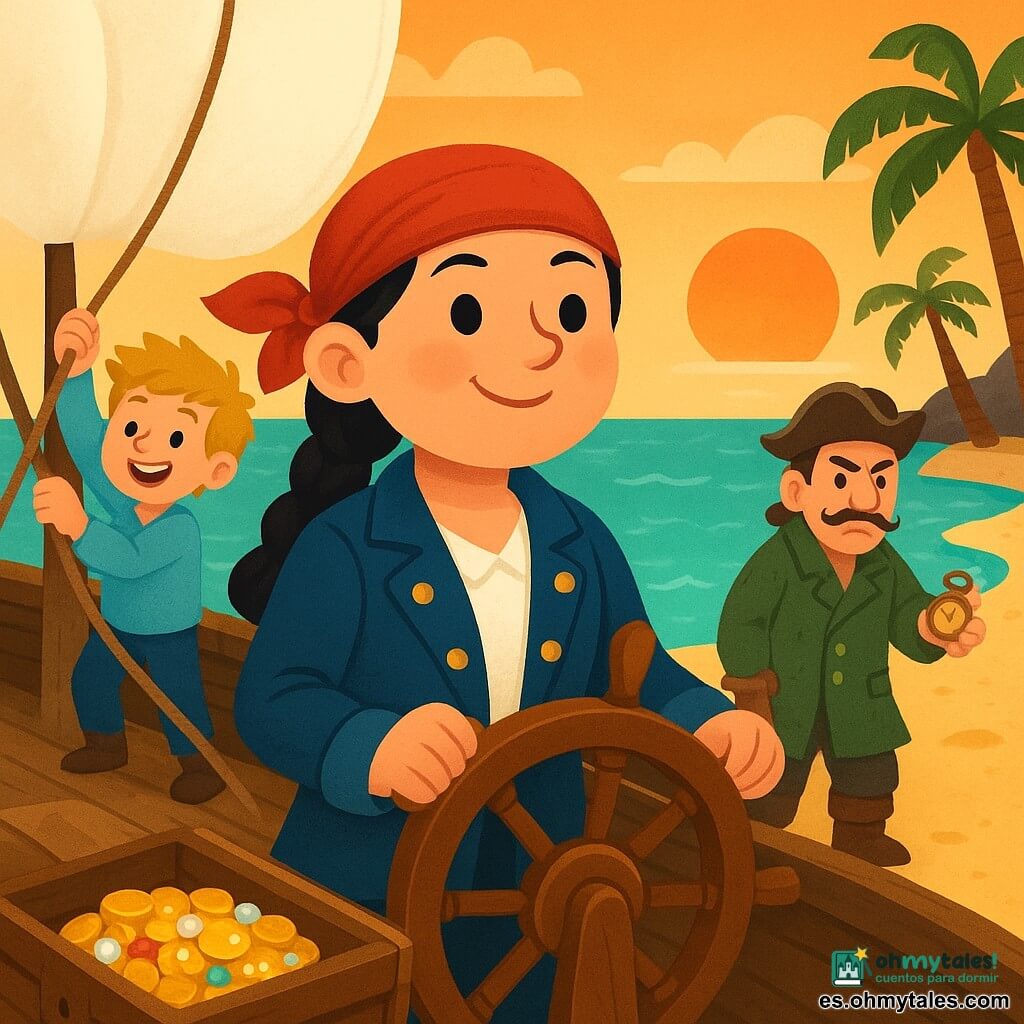 Valentina, una pirata de unos 30 años, rostro redondo y sonriente, trenzas negras y bandana roja, chaqueta azul con botones dorados, mirada decidida y alegre, sujeta firmemente el timón brillante y mira al horizonte; detrás, un marinero de 12 años de piel clara y cabello rubio despeinado sonríe y golpea una vela; cerca, una marinera de unos 25 años de piel morena y pequeño sombrero tricorne tira de una cuerda para izar la vela; en la distancia sobre la arena, el capitán rival Garfio, hombre de unos 40 años con bigote en gancho y abrigo verde gastado, frunce el ceño pero está sorprendido y sostiene una pequeña brújula oxidada; escenario: playa de arena dorada con palmeras inclinadas, rocas oscuras y agua turquesa con pequeñas olas, cielo naranja al atardecer; en primer plano un cofre antiguo abierto con monedas de oro y perlas que brillan; ambiente de aventura alegre y valiente, colores vivos, trazos nítidos y composición clara con Valentina en el centro del puente y el tesoro visible delante.