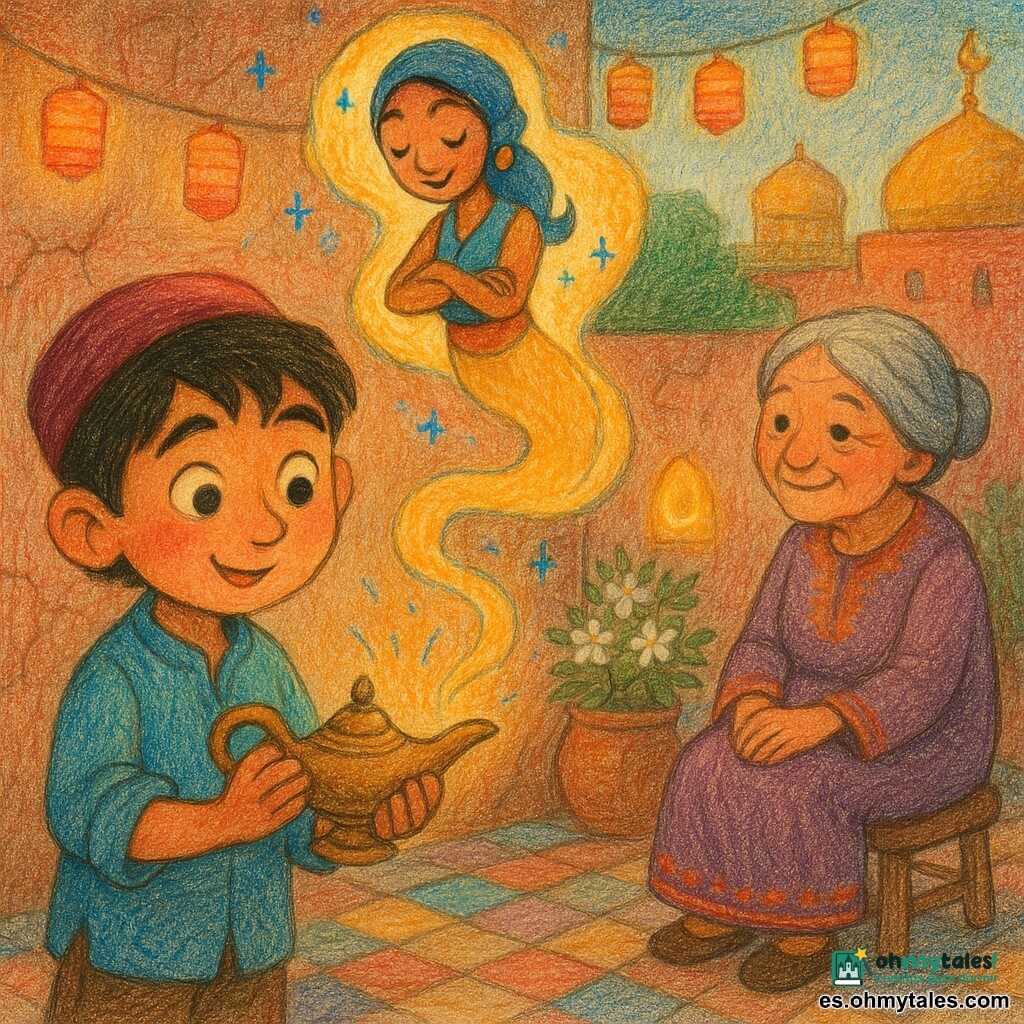 Zayd, un niño de mirada curiosa y sonrisa tímida, frota una vieja lámpara; Nura, un genio diminuto no humano en forma de humo dorado enrollado con chispas azules, emerge flotando sobre sus manos; la abuela, mujer mayor con moño canoso y vestido bordado, está sentada en un pequeño taburete en el patio detrás de Zayd con una ligera sonrisa; el patio tiene suelos de azulejos coloridos, muros de terracota agrietada, guirnaldas de farolillos de papel, macetas de jazmín y una luz dorada intensa desde cúpulas lejanas; la lámpara emite un débil halo dorado en la pared con forma de sonrisa, Zayd mira asombrado mientras Nura lo estimula con pequeñas chispas.