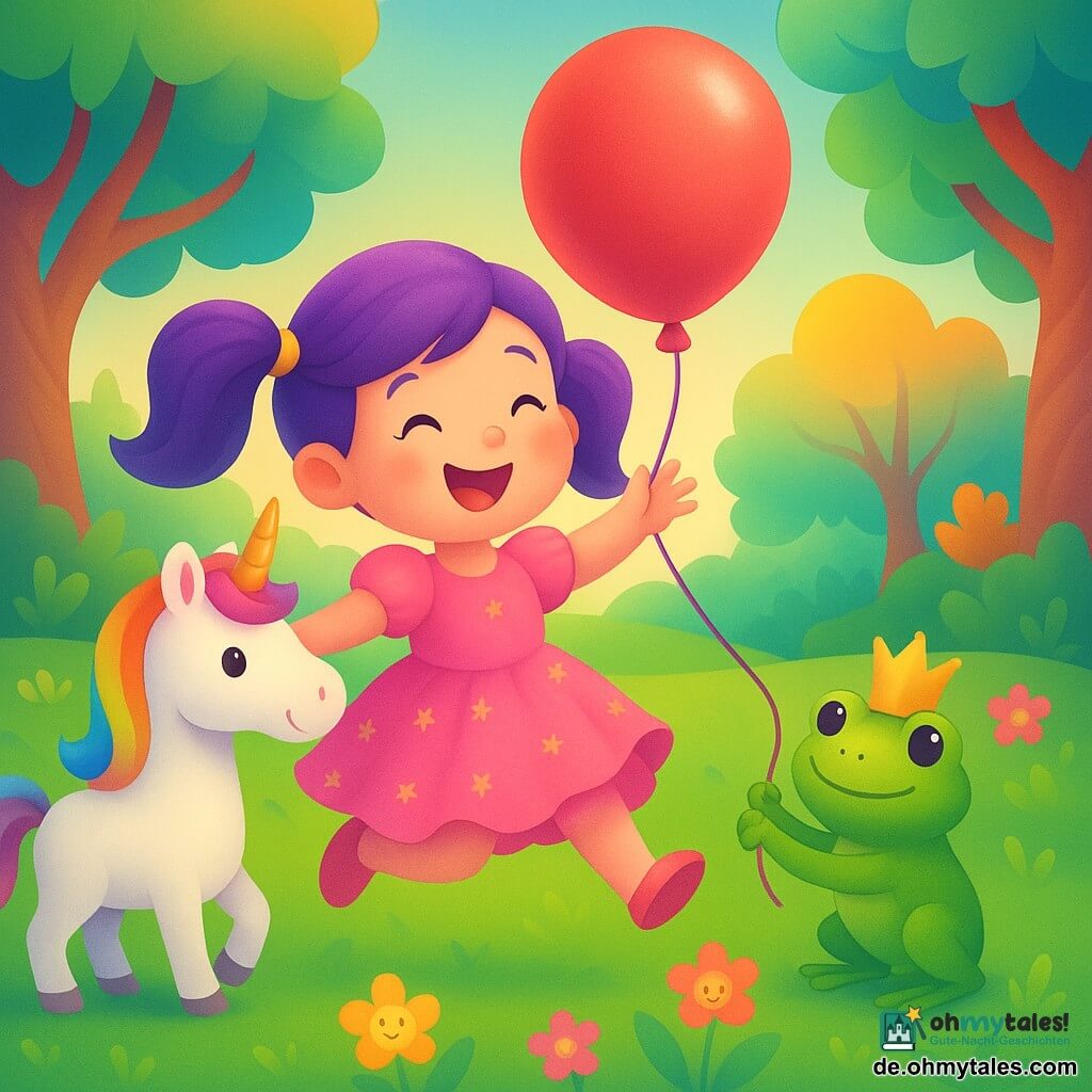 Eine fröhliche kleine Prinzessin (Mädchen) mit violetten Zöpfen und rosa Rüschenkleid mit goldenen Sternchen springt lachend zu einem roten Ballon; links steht ein glitzerndes weißes Einhorn mit Regenbogenmähne und goldener Hornspitze und stupst den Ballon mit der Schnauze, rechts zieht ein grüner Froschprinz mit Mini-Krone den Ballon mit den Hinterbeinen; in einer Lichtung des Rainbowwalds mit weichem grünen Gras, lächelnden bunten Blumen, gedrehten Baumstämmen und mehrfarbigen fächerförmigen Blättern sowie einem glänzenden Bach im Hintergrund steckt der Ballon in einem niedrigen Ast und die drei arbeiten zusammen, ihn zu befreien — helle Stimmung, kräftige Farben, weiche Formen, fröhlich-kuschlige Atmosphäre.