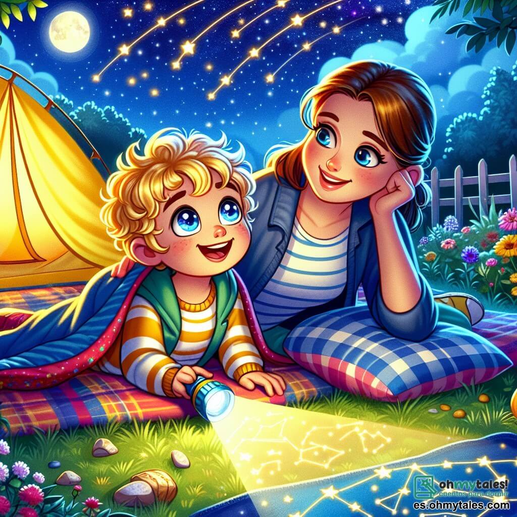 Un niño de 5 años, Lucas, con cabello dorado rizado y grandes ojos azules, está acostado en un saco de dormir colorido bajo un cielo estrellado. Muestra una expresión de curiosidad y alegría, mirando las estrellas que brillan sobre él. A su lado, su mamá, una mujer dulce de unos 30 años, con cabello castaño y una sonrisa cálida, está sentada sobre una manta, sosteniendo una linterna que proyecta formas de estrellas en el suelo. Ella mira a Lucas con ternura, mostrándole las constelaciones. El lugar es un jardín tranquilo, con una tienda de campaña amarilla y flores coloridas que rodean el espacio, iluminado por la suave luz de la luna. La escena principal muestra a Lucas, maravillado, descubriendo la belleza de la noche, mientras su mamá le explica cómo las estrellas pueden ser sus amigas, transformando su miedo a la oscuridad en asombro.