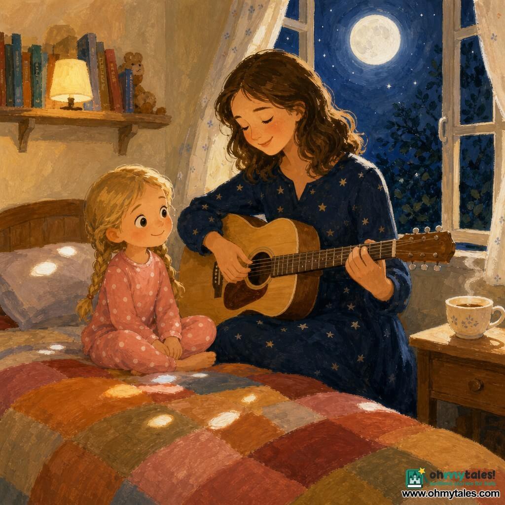 A smiling, serene singer-musician with shoulder-length wavy brown hair in a navy wool dress patterned with small stars sits with a light-wood guitar on her lap, gently plucking a lullaby; a fascinated five-year-old girl with blonde braids in pink polka-dot pajamas sits cross-legged on the bed to the left, watching the guitar with wide bright eyes; a steaming cream porcelain teacup rests on a wooden bedside table behind them, an open window reveals a large silvery moon casting a soft glow, and the small cozy room—cream walls, warm patchwork blankets, bookshelves and a lit yellow lamp—is bathed in nocturnal, warm calm with moonlight falling like flakes on the bed.