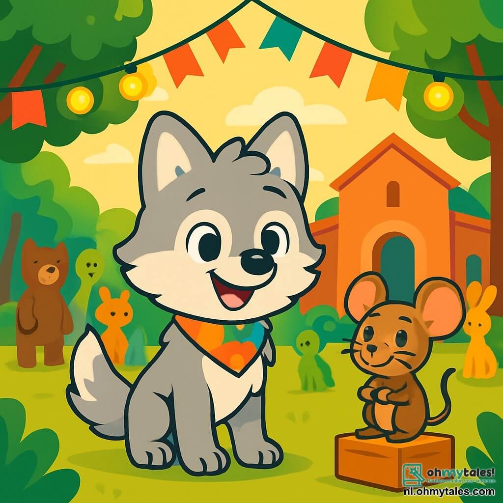 Luna, een kleine wolf met een zachte, zilveren vacht, staat in het midden van een vrolijk festival, haar gezicht straalt van vreugde en opwinding. Ze draagt een kleurrijke sjaal om haar nek en kijkt met sprankelende ogen naar de versieringen om haar heen. Naast haar staat Mino, een kleine muis met grote oren en een bruine vacht, die bemoedigend glimlacht, zijn ogen stralen vriendschap uit. Hij staat op een klein doosje om beter te kunnen zien, klaar om haar te helpen haar zenuwen te overwinnen. De locatie is een levendig cultureel centrum, omringd door majestueuze bomen, met lichtslingers en kleurrijke vlaggen die in de wind wapperen. Dieren van allerlei soorten verzamelen zich, wat een feestelijke en gastvrije sfeer creëert. Luna en Mino bereiden zich voor om een verhaal over diversiteit te delen, omringd door hun dierenvrienden, die allemaal benieuwd zijn naar wat Luna te vertellen heeft.