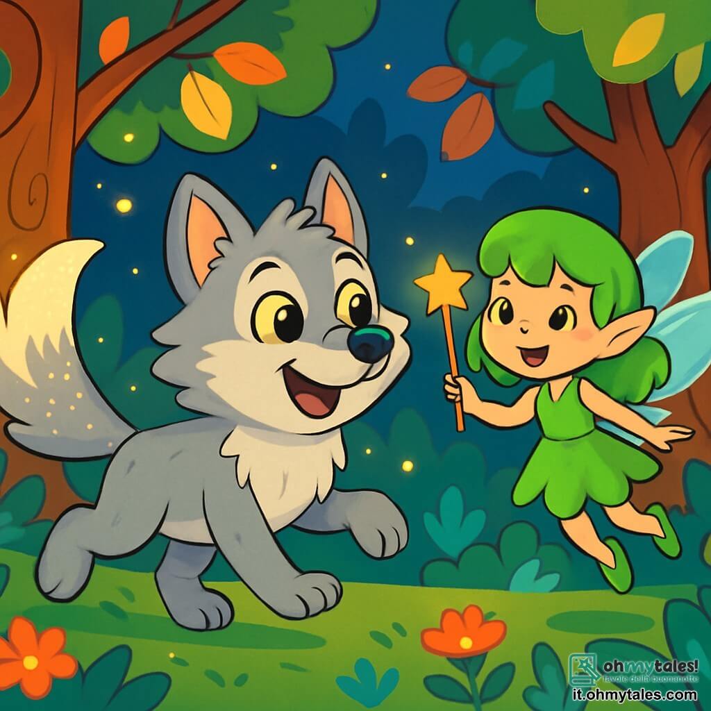 Un lupo mannaro, chiamato Lupoletto, con una pelliccia morbida e argentata e occhi brillanti color miele, esprime una curiosità gioiosa mentre salta nella foresta. La sua grande coda si erge dietro di lui, scintillante di luce. Accanto a lui, Frillina, una piccola fata dai capelli verdi brillanti e ali traslucide, sorride agitando una bacchetta magica, fluttuando leggermente sopra il suolo. Il contesto è una foresta incantata, dove alberi maestosi sono adornati di foglie multicolori e fiori luminosi, mentre lucciole danzano nell'aria crepuscolare. La scena principale mostra Lupoletto e Frillina pronti a esplorare insieme la foresta magica, circondati da creature fantastiche, pronti a vivere una nuova avventura piena di sorprese.