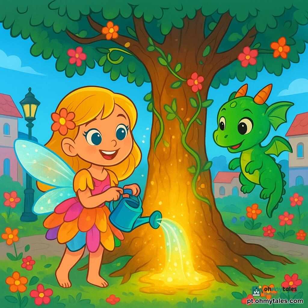Uma pequena fada chamada Lumin, com asas cintilantes e um sorriso radiante, está diante de um velho carvalho majestoso, seus olhos brilhando de determinação. Ela tem cabelos dourados e veste um vestido feito de pétalas de flores coloridas, enquanto derrama água mágica na base da árvore. Ao seu lado, um pequeno dragão verde chamado Chispas, com escamas brilhantes e olhos curiosos, flutua no ar, observando atentamente o processo com um sorriso encorajador. O local é uma charmosa praça central, cercada por casas em tons pastéis, com lampiões de ferro forjado e flores vibrantes decorando o chão. O velho carvalho, com seu tronco largo e nodoso, está coberto de cipós e flores, emitindo uma suave luz dourada. A cena principal mostra Lumin, cheia de esperança, derramando água mágica nas raízes da árvore, enquanto uma luz brilhante começa a emanar do carvalho, simbolizando o retorno da alegria e da vida ao bairro.