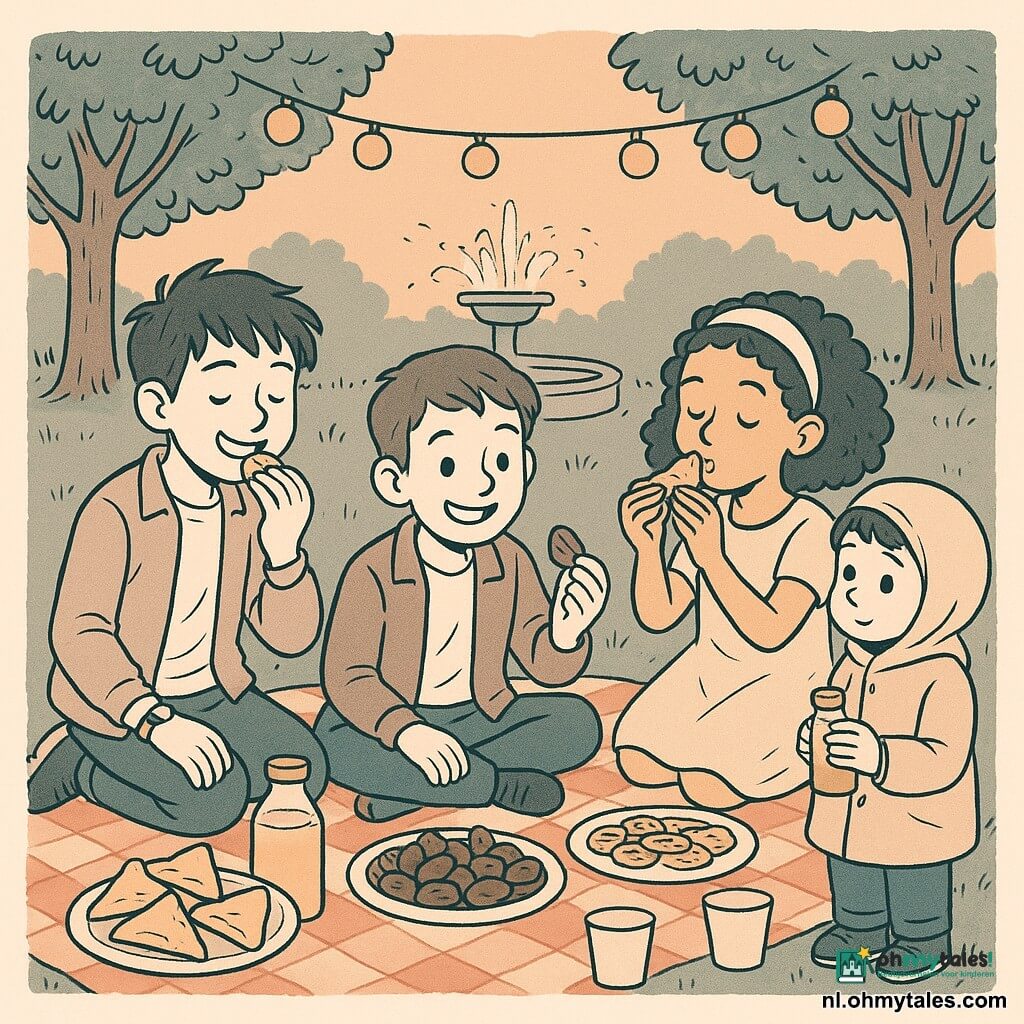 Vier kinderen: Frank, jongen ~9 jaar, kort soepel haar, lichte jas, zit in het midden van een ruitdeken en houdt een glanzende dadel; Yara, meisje ~9 jaar, krullend haar onder een haarband, simpele jurk, zit rechts van Frank en blaast zacht op een warme samosa; Adam, jongen ~10 jaar, warrig haar, T‑shirt en open jas, zit links van Frank, neemt een hap en kijkt glimlachend op zijn horloge; Mo, jongen ~6 jaar, klein, te grote jas, staat bij de rand van het deken en houdt verlegen een klein pakje limonade dat Frank hem teruggaf. Locatie: park bij schemering met gras, ronde fontein op de achtergrond en twee bomen met een slinger van kleine ronde lampionnen die zacht licht geven. Situatie: buiten‑iftar op een groot deken met schotels samosa’s, mini‑pizza’s, een schaal glanzende dadels, papieren bekers en een fles limonade; de kinderen delen, lachen onder de lampions, sfeer zacht, warm en rustig.
