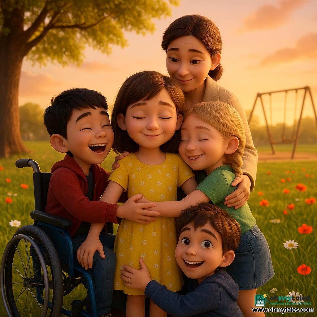 Five characters: Sarah, 9, mid‑length brown hair, wearing a yellow floral dress, standing center smiling timidly with arms out for a hug; Max, 9, short black hair, in a modern blue wheelchair with a red jacket to Sarah’s left, laughing with arms out; Lily, 8, blonde braid, green tee and denim skirt to Sarah’s right, hugging her tenderly; Jake, 9, tousled brown hair, navy hoodie, crouched in front with a big smile and a hand on Sarah’s shoulder; Sarah’s mother, 35, brown hair tied back, light coat, slightly behind with hands on Sarah’s back, comforting. Late‑afternoon park with green lawn, colorful wildflowers (daisies and poppies), a large oak to the left and an accessible swing in the background, orange sunset sky, warm light and long shadows. Main scene: the children share a big group hug, gentle reassuring atmosphere, warm colors, centered on human contact and solidarity, slight bird’s‑eye perspective.