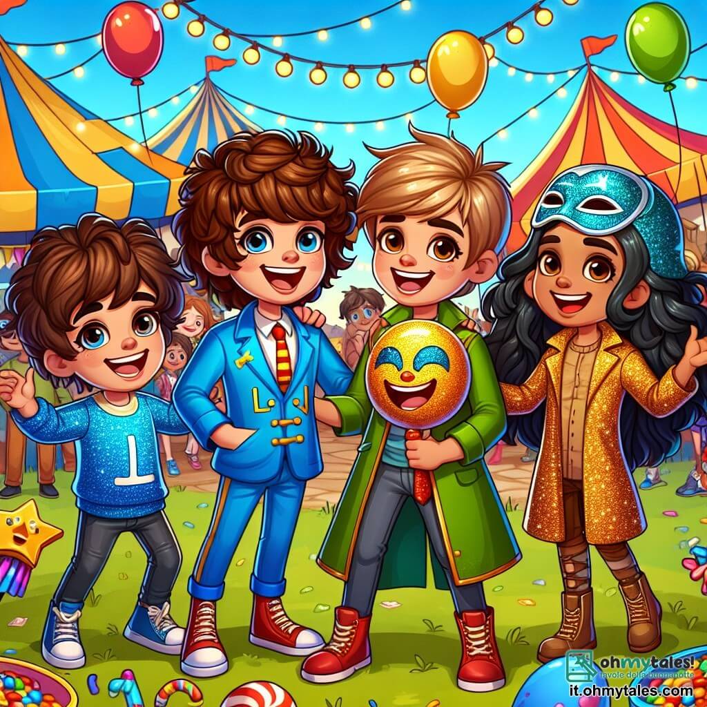 Quattro amici, due ragazzi e due ragazze di circa 8 anni, si trovano insieme in un parco colorato durante il carnevale. Leo, un ragazzo con i capelli castani e ricci, indossa un costume blu con una grande "L" sul petto e sorride felicemente. Marco, un altro ragazzo con i capelli biondi e lisci, è vestito con un costume rosso e una maschera scintillante, alzando le braccia in segno di entusiasmo. Tommaso, un ragazzo con i capelli castani e ricci, indossa un cappotto verde e fa un gesto di danza, mentre Gabriele, una ragazza con i capelli lunghi e neri, indossa un costume dorato con un grande sorriso, tenendo un trofeo a forma di stella. Il parco è pieno di colori vivaci: palloncini fluttuano nell'aria, ghirlande di luci scintillano e stand di dolci sono decorati con caramelle multicolori. Sullo sfondo, bambini ridono e giocano, mentre clown fanno acrobazie. I quattro amici stanno per salire sul palco per presentare la loro danza da supereroi, circondati da una folla festosa che applaude. L'atmosfera è festiva, piena di risate e magia, mentre si preparano a mostrare la loro amicizia al mondo intero.