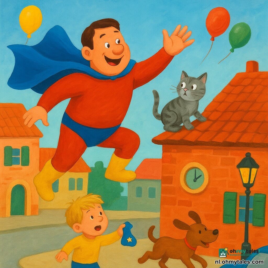 Super-Jan, een lange glimlachende man met ondeugende blik, korte bruine haren, een felblauwe cape, rood kostuum en gele laarzen, rent omhoog over een rood bakstenen dak met uitgestrekte armen om een grijs gestreepte kat op de dakrand te redden; op de stoep kijkt een ongeveer vijfjarige blonde jongen met open mond verwonderd en klappend, een kleine sterrensok in zijn rechterhand, terwijl een klein bruin hondje met een rode pet op zijn rug rondrent en met de staart kwispelt; de scène speelt zich af in een kleurrijke stadsstraat met lage bakstenen huizen, groene luiken, een ronde klok, zwevende ballonnen, een gele lantaarn en een blauwe auto op de voorgrond, in een vrolijke, komische sfeer.