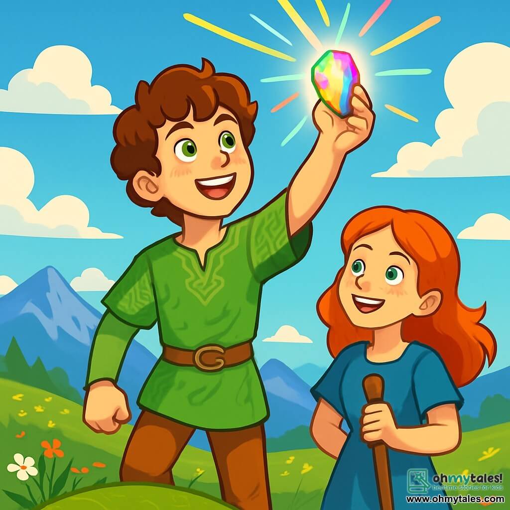 A young man named Cian, about 16 years old, stands at the top of a green hill, his face illuminated by a glow of wonder and determination. He has curly chestnut hair, sparkling emerald eyes, and wears a green linen tunic adorned with leaf patterns. In his hand, he holds a shimmering stone, the Riverstone, which emits colorful reflections. Beside him is Moira, a 15-year-old girl with fiery red hair and freckles, looking at Cian with admiration. She wears a simple blue dress and holds a walking stick, ready to accompany him on the adventure. The setting is a vast valley filled with brightly colored wildflowers, with majestic mountains in the background. The sky is a bright blue, dotted with fluffy white clouds. The main scene shows Cian raising the Riverstone to the sky, as flashes of light burst from the stone, illuminating his face and creating a magical aura around him. Moira smiles beside him, her eyes sparkling with excitement as the wind makes the grasses dance around them.