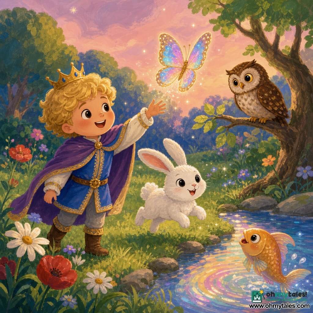 The main character is a 6-year-old prince boy with a round face and curly blond hair, joyful amazed expression, smiling broadly and reaching toward a shimmering butterfly; an iridescent butterfly with fan-shaped wings in pale blue, pink and gold flies just before him; a friendly fish appears in a small foreground pond, swimming at the surface and making tiny rainbow ripples near the edge; a fluffy white rabbit with long ears and round black eyes hops beside the prince on green grass; a wise brown mottled owl with large curious eyes perches on a low branch to the right, watching; the setting is a magical clearing by a sparkling pond with soft green grass, daisies and poppies, round-leaved trees and a pale pink twilight sky; main situation: the little prince watches the butterfly lead him toward the pond, surrounded by friendly animals, warm atmosphere, pastel colors and visible gouache textures.