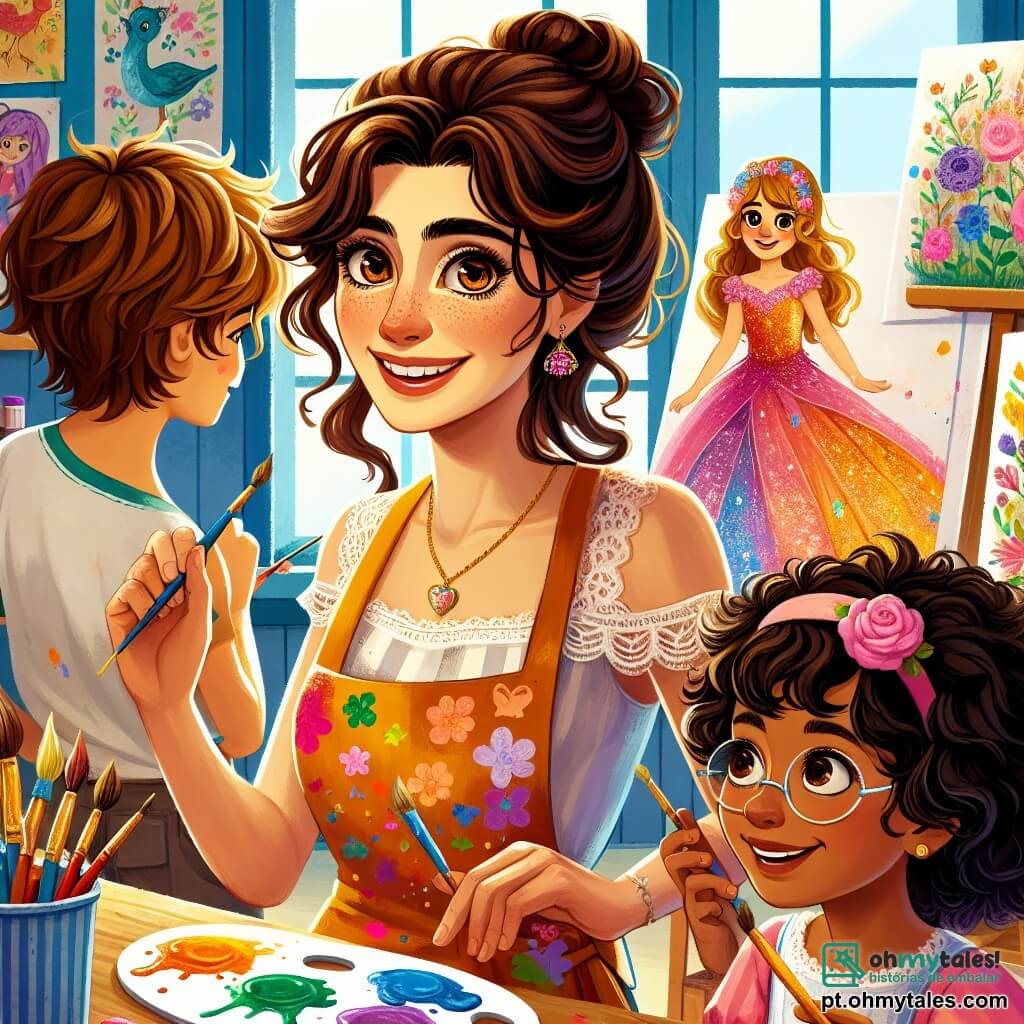Clara, uma artista de trinta anos, está no centro da imagem, com cabelos castanhos ondulados e olhos brilhantes. Ela usa um avental colorido cheio de manchas de tinta e sorri calorosamente, segurando um pincel em uma mão e uma paleta de cores vivas na outra, pronta para ensinar as crianças. À sua direita, Lucas, um menino de 8 anos com cabelos bagunçados e óculos redondos, se concentra em sua tela, pintando um dragão com cores vibrantes. À sua esquerda, Sofia, uma menina de 7 anos com um vestido rosa e tranças, admira sua pintura de uma fada cintilante, com os olhos brilhando de empolgação. A cena ocorre em uma sala de aula iluminada, decorada com desenhos coloridos nas paredes, com janelas que deixam entrar a luz do sol, iluminando os sorrisos das crianças e as manchas de tinta nas mesas. Clara ensina as crianças a usar aquarelas, enquanto elas se divertem criando suas próprias obras de arte, enchendo o ar de risos e criatividade.