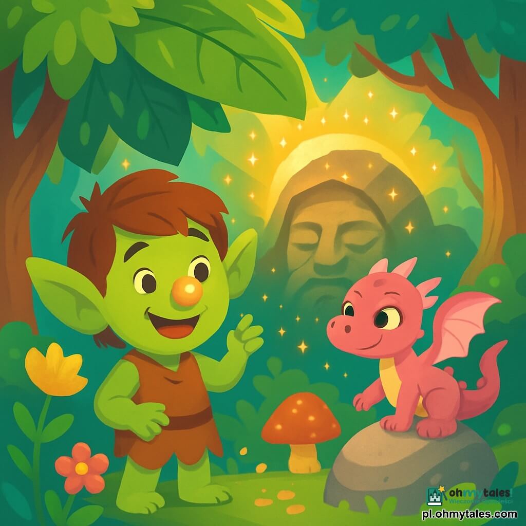 Mały troll o imieniu Tulek, z zielonymi uszami w kształcie liści i nosem świecącym jak kropla rosy, radośnie stoi pod dużym liściem. Jego twarz jest rozświetlona promiennym uśmiechem, a oczy błyszczą ciekawością i ekscytacją. Obok niego mały smok o różowych łuskach, z figlarnymi oczami i przezroczystymi skrzydłami, przygotowuje się, by pomóc mu w misji. Smok, który wydaje się mieć około 5 lat, siedzi na kamieniu, gotowy do wzlotu. Scena rozgrywa się w zaczarowanym lesie, gdzie majestatyczne drzewa o skręconych pniach wznoszą się ku niebu, a ich liście błyszczą w tysiącu kolorów pod promieniami słońca. Jasne kwiaty i kolorowe grzyby pokrywają ziemię, tworząc magiczny dywan. Tulek i jego przyjaciel smok przygotowują się do obudzenia wielkiego Strażnika, który śpi pod ogromnym głazem, otoczony złotym światłem i gwiezdnym pyłem. Atmosfera jest wypełniona oczekiwaniem i magią, gdy szykują się do spełnienia swojej misji.