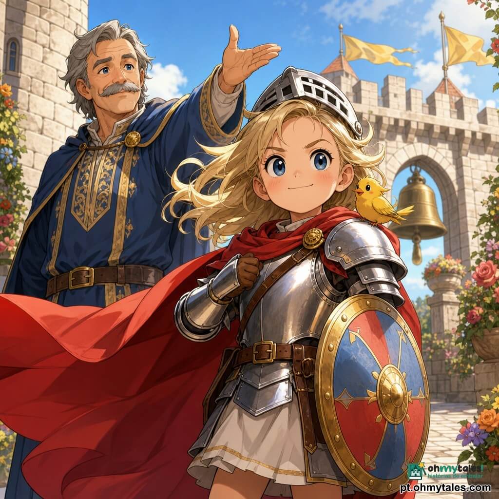 Lia, uma jovem cavaleira, olha à frente com sorriso determinado e olhos brilhantes; veste uma pequena armadura prateada, capacete ao lado, capa vermelha esvoaçante e segura um pequeno escudo redondo; o rei, cerca de 50 anos, está atrás no umbral, rosto benevolente e bigode grisalho, mão erguida como para lhe confiar a missão, em túnica azul com bordados dourados; um pássaro amarelo pousa no ombro de Lia; o cenário é o pátio de um castelo de pedra claro com bandeiras douradas, uma grande campainha ao fundo, chão de pedras e flores; a cena mostra Lia prestes a partir em missão, capa ao vento, postura confiante e suave sol da manhã.