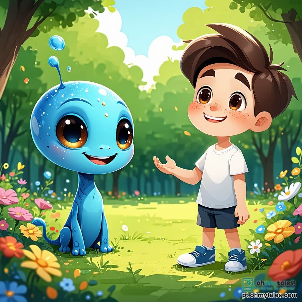 Um garoto de 8 anos, Lucas, com cabelos castanhos bagunçados e olhos brilhantes de curiosidade, está em um parque verdejante, sorrindo com admiração enquanto observa um pequeno extraterrestre azul chamado Zog. Zog, com sua pele brilhante e grandes olhos redondos, flutua levemente acima do chão, rindo alegremente enquanto tenta repetir as palavras que Lucas lhe ensina. O parque está cheio de flores coloridas e árvores majestosas, com crianças brincando ao longe, acrescentando uma atmosfera alegre à cena. Lucas e Zog estão cercados por raios de sol filtrando através das folhas, criando uma atmosfera mágica. A cena principal mostra Lucas ensinando Zog a dizer "olá", enquanto Zog, com uma expressão concentrada e divertida, tenta reproduzir a palavra, fazendo as crianças ao redor rirem.