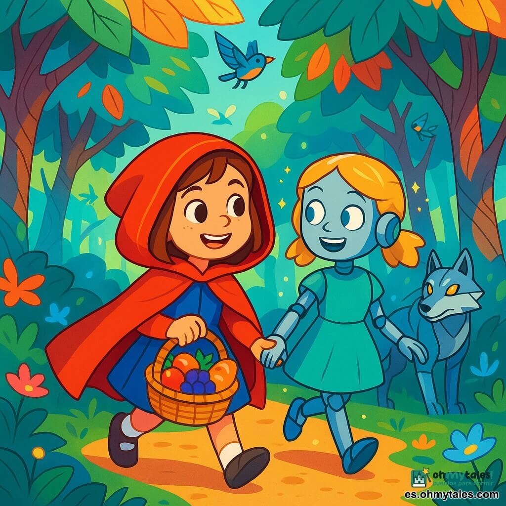 Caperucita Roja, una niña de unos 8 años, lleva una capa roja brillante que brilla bajo el sol. Su rostro está iluminado por una gran sonrisa y sus ojos destilan curiosidad. Sostiene una cesta llena de frutas coloridas y panes dorados, caminando alegremente por el bosque. A su lado está VerdeLuna, una chica de cabello dorado trenzado, con apariencia metálica, ojos brillantes y una sonrisa amigable. Flota ligeramente sobre el suelo, rodeada de pequeñas luces centelleantes, observando el camino con atención benevolente. Al fondo, un lobo mecánico, con pelaje plateado y ojos luminosos, acecha, pero su expresión es suave y curiosa, mostrando que ha elegido proteger en lugar de cazar. El lugar es un hermoso bosque futurista, con árboles gigantes de troncos en espiral y hojas de colores vivos, donde flores luminosas iluminan el suelo. Aves mecánicas vuelan entre las ramas, añadiendo un toque de magia al entorno. La escena principal muestra a Caperucita Roja y VerdeLuna caminando juntas, riendo y compartiendo historias, mientras el lobo mecánico las sigue, listo para defenderlas. La atmósfera es alegre y llena de aventura, ilustrando la amistad y la protección en un mundo encantado.