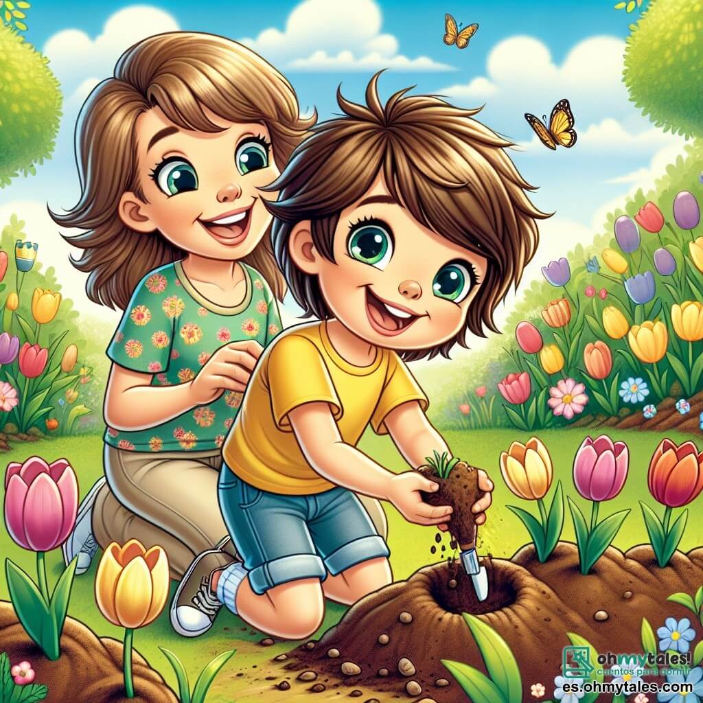 Un niño de 8 años, Lucas, con cabello castaño desordenado y ojos brillantes de alegría, está plantando bulbos de tulipanes en un jardín colorido. Lleva una camiseta amarilla brillante y un pantalón corto de mezclilla, y su rostro irradia emoción. A su lado, su mamá, una mujer de unos 35 años con cabello largo y rubio, vestida con una camiseta de flores y pantalones ligeros, lo anima con una sonrisa cálida. Se inclina para mostrarle cómo plantar correctamente los bulbos, con las manos llenas de tierra. El jardín es un lugar encantador, lleno de tierra marrón fresca, pequeñas brotes verdes que emergen del suelo y flores coloridas que comienzan a florecer. Mariposas revolotean alrededor de las flores, mientras un cielo azul claro se extiende arriba, salpicado de algunas nubes blancas esponjosas. La escena principal muestra a Lucas, lleno de entusiasmo, cavando agujeros en la tierra para plantar los tulipanes, mientras su mamá le explica la importancia de cuidar las plantas.