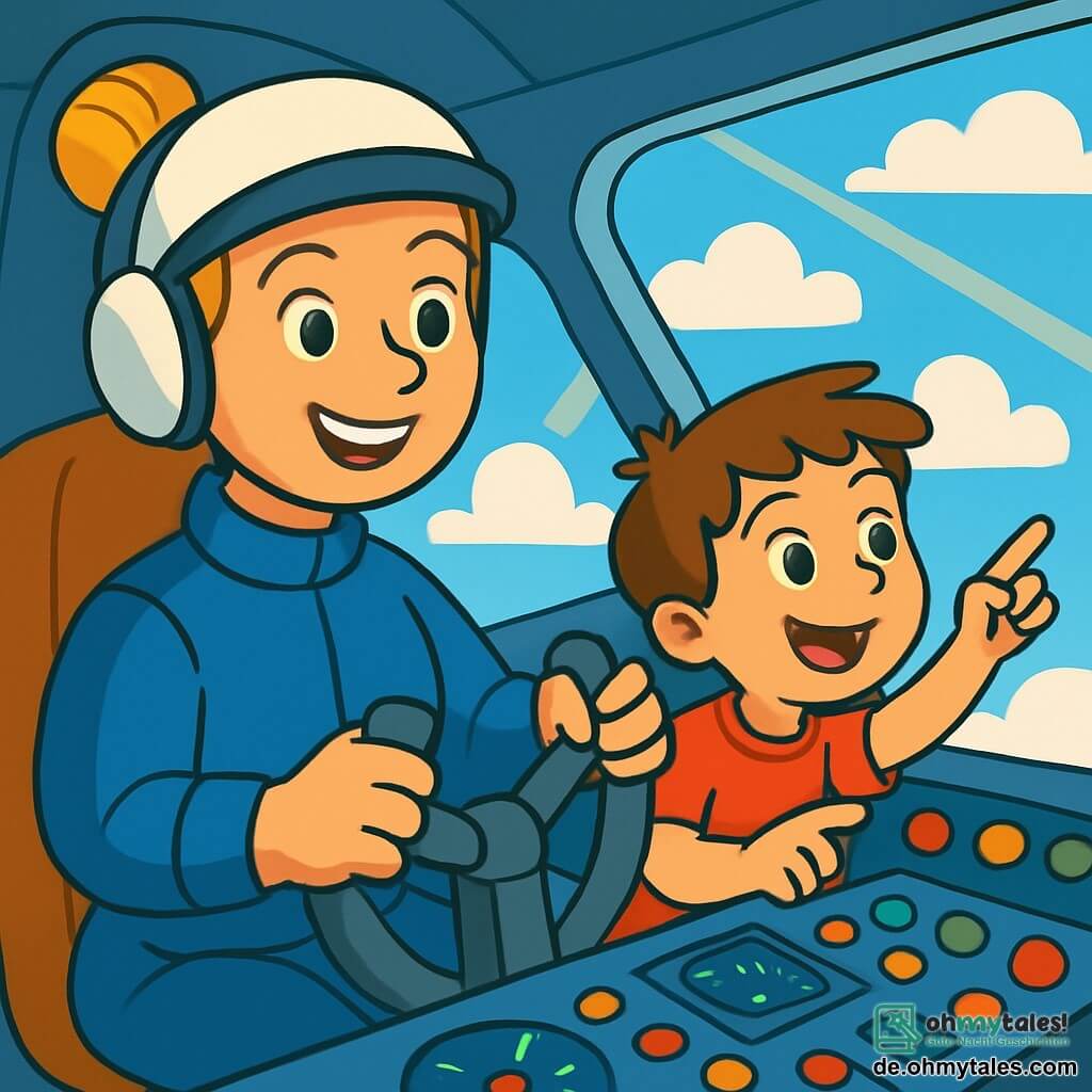 Eine lächelnde Pilotin, Anna, eine Frau in ihren Dreißigern mit zusammengebundenem blonden Haar, trägt einen blauen Pilotenanzug und einen Helm. Sie sitzt im Cockpit eines Flugzeugs, ihre Augen funkeln vor Aufregung, während sie das Steuer mit Zuversicht hält. Neben ihr schaut ein etwa 8-jähriger Junge namens Max mit zerzausten braunen Haaren und einem roten T-Shirt fasziniert aus dem Fenster. Er zeigt auf die Wolken darunter, sein Gesicht strahlt vor Freude. Das Cockpit ist mit bunten Knöpfen und glänzenden Instrumenten gefüllt, und ein großes Fenster zeigt einen blauen Himmel mit flauschigen weißen Wolken. Die Hauptsituation zeigt Anna, die das Flugzeug durch die Wolken steuert, während Max die Aussicht bewundert. Die Stimmung ist fröhlich und abenteuerlich, mit Sonnenstrahlen, die die Szene erhellen.