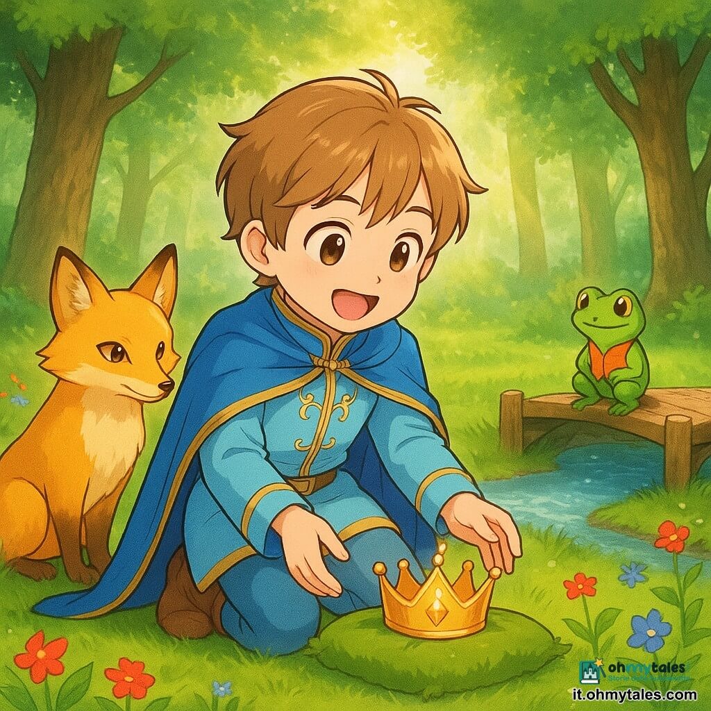 Il protagonista è un giovane principe di circa 8 anni, espressione gioiosa, capelli castano chiaro, mantello azzurro cielo ricamato d'oro, inginocchiato per raccogliere una piccola corona brillante su un cuscino di muschio; alla sua sinistra una volpe dorata dagli occhi vivaci osserva benevola la corona, sul bordo di un piccolo ponte di legno dietro di lui una rana verde con un minuscolo gilet guarda curiosa il principe; la scena si svolge in una radura soleggiata nel cuore di un boschetto con erba morbida, fiori rossi e blu sparsi, un ruscello scintillante, alberi alti e raggi di sole tra le fronde, atmosfera luminosa, colori tenui e contrasti caldi, pacifica e magica.