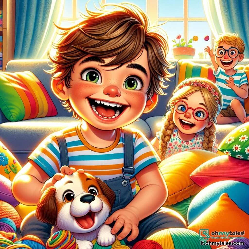 Un bambino di 6 anni, Tommaso, con capelli castani disordinati e grandi occhi vivaci, è seduto per terra circondato da cuscini colorati. Ha un ampio sorriso felice che mostra i denti da latte e tiene in mano un piccolo cane di plastilina che ha appena creato. Accanto a lui, sua sorella Lucia, una ragazza di 8 anni con lunghi capelli biondi intrecciati e un vestito a fiori, ride cercando di non cadere nel mucchio di cuscini. Marco, il fratello maggiore di 10 anni, con occhiali e una maglietta a righe, si trova in piedi sullo sfondo, ridendo e applaudendo la loro creatività. La scena si svolge in un soggiorno luminoso, con un grande divano morbido e raggi di sole che filtrano attraverso le tende, illuminando i cuscini sparsi sul pavimento. I muri sono decorati con disegni di bambini, aggiungendo un tocco caldo e familiare all'atmosfera. La situazione principale mostra Tommaso, orgoglioso della sua opera in plastilina, mentre i suoi fratelli e sorelle si divertono insieme, ridendo e condividendo un momento di gioiosa complicità nel loro gioco.