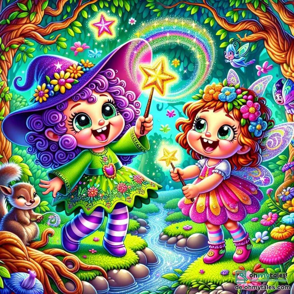 Eine kleine, fröhliche Hexe namens Lilli mit großen, funkelnden Augen und lockigem, lila Haar lacht herzhaft, während sie einen glitzernden Zauberstab hält. Sie trägt ein grünes Kleid mit bunten Blumenmustern und gestreifte Socken. An ihrer Seite ist ihre beste Freundin Fanni, eine schelmische Fee von etwa 8 Jahren mit funkelnden Flügeln und einem rosa Kleid, die fröhlich mit leuchtenden Sternen jongliert, ihr Gesicht strahlt vor Schalk. Ihre Umgebung ist ein wunderschöner, verzauberter Wald, gefüllt mit gedrehten Baumstämmen, bunten Blumen, die im Wind tanzen, und glitzernden Bächen, die sich zwischen den Felsen schlängeln. Die Szene zeigt Lilli und Fanni, die einen Zauber wirken, umgeben von Lachen und Magie, während neugierige Waldtiere wie Eichhörnchen und Vögel sie beobachten und der Atmosphäre einen Hauch von Leben und Freude verleihen.