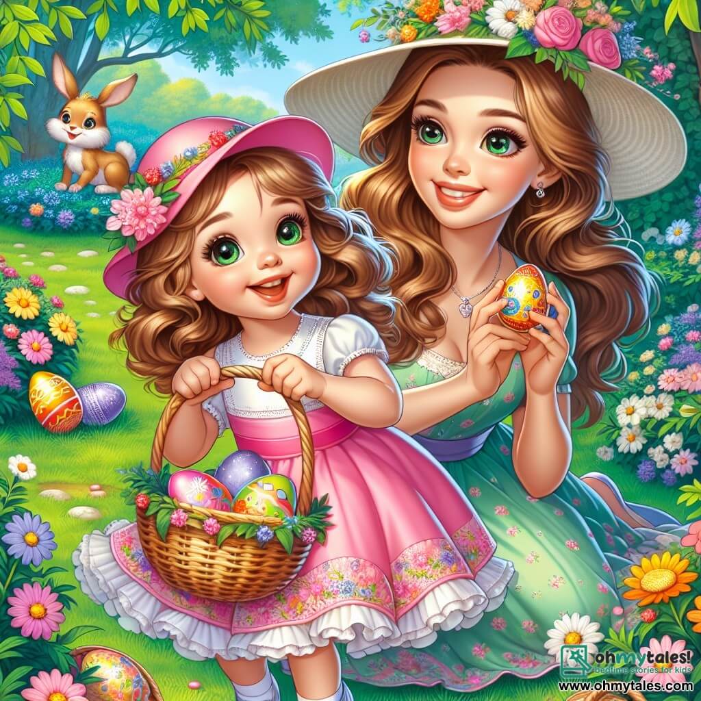 A 2-year-old girl with big bright eyes and curly brown hair wears a pink hat adorned with flowers. She smiles in wonder, holding a wicker basket full of colorful eggs while joyfully hopping in the green grass. Next to her, her mother, a woman in her thirties with long smooth hair, wearing a light colorful dress, looks at her with a tender smile while sitting on a picnic blanket. She holds a decorated egg in her hand, ready to show it to her daughter. The scene takes place in a sunny park filled with vibrant flowers and majestic trees. Colorful Easter eggs are hidden in the grass and under the flowers, creating a festive and joyful atmosphere. The little girl discovers a shiny egg hidden behind a bush, her eyes lighting up with joy as she exclaims, "Look, Mom, an egg!" A little bunny with big ears appears in the background, watching the scene with a mischievous look.