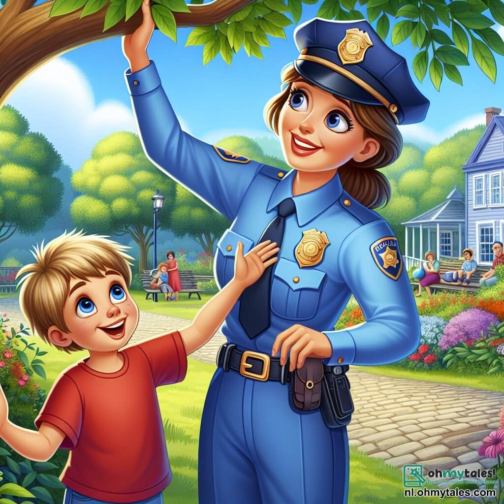 Een jonge politieagente, Lisa, wordt afgebeeld met een warme glimlach, gekleed in een lichtblauw uniform en een pet. Ze heeft bruin haar dat in een paardenstaart is vastgebonden en sprankelende ogen vol vastberadenheid. Ze helpt een jonge jongen, Max, die ongeveer tien jaar oud is, met rommelig blond haar en een rood T-shirt, om zijn bal uit een boom te halen. Max staat met zijn armen omhoog naar de tak, met een uitdrukking van vreugde en opwinding op zijn gezicht. De locatie is een charmant dorpspark met groene bomen, kleurrijke bloemen en een blauwe, zonnige lucht. Op de achtergrond zijn er een klein geplaveid pad en banken waar gezinnen uitrusten. De hoofdscène toont Lisa die lichtjes in de boom klimt, haar hand uitsteekt om de bal te pakken, terwijl Max haar aanmoedigt met een grote glimlach, wat een scène vol vriendschap en avontuur creëert.