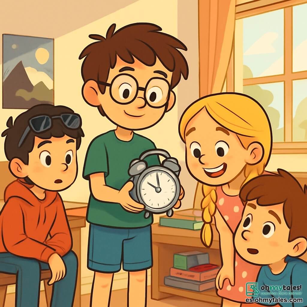 Hay 4 niños: - Lucas: un chico de 10 años, con cabello castaño desordenado y gafas redondas. Lleva una camiseta verde y un pantalón corto azul. Está de pie en el centro, sosteniendo un pequeño despertador plateado. - Valeria: una chica de 10 años, con largas trenzas rubias y una sonrisa radiante. Lleva un vestido rosa con lunares y está ligeramente inclinada hacia adelante, fascinada por el despertador. - Diego: un chico de 10 años, con cabello negro y gafas de sol en la frente. Lleva un sudadera roja y jeans. Está sentado en una silla, mirando el despertador con curiosidad. - Mateo: un chico de 10 años, con cabello castaño y pecas. Lleva una camiseta azul y pantalones beige. Está agachado junto a Valeria, examinando el misterioso dispositivo. La situación principal se desarrolla en una habitación luminosa, llena de pósters de aventuras y mapas del mundo. Un gran escritorio de madera está cubierto de juegos de mesa y libros. La luz del sol filtra a través de las cortinas, creando un ambiente cálido y acogedor. Los cuatro amigos, asombrados y un poco inquietos, descubren el misterioso despertador plateado que los ha elegido para una increíble aventura en el tiempo, listos para dar el primer paso hacia lo desconocido, con expresiones de emoción y curiosidad en sus rostros.