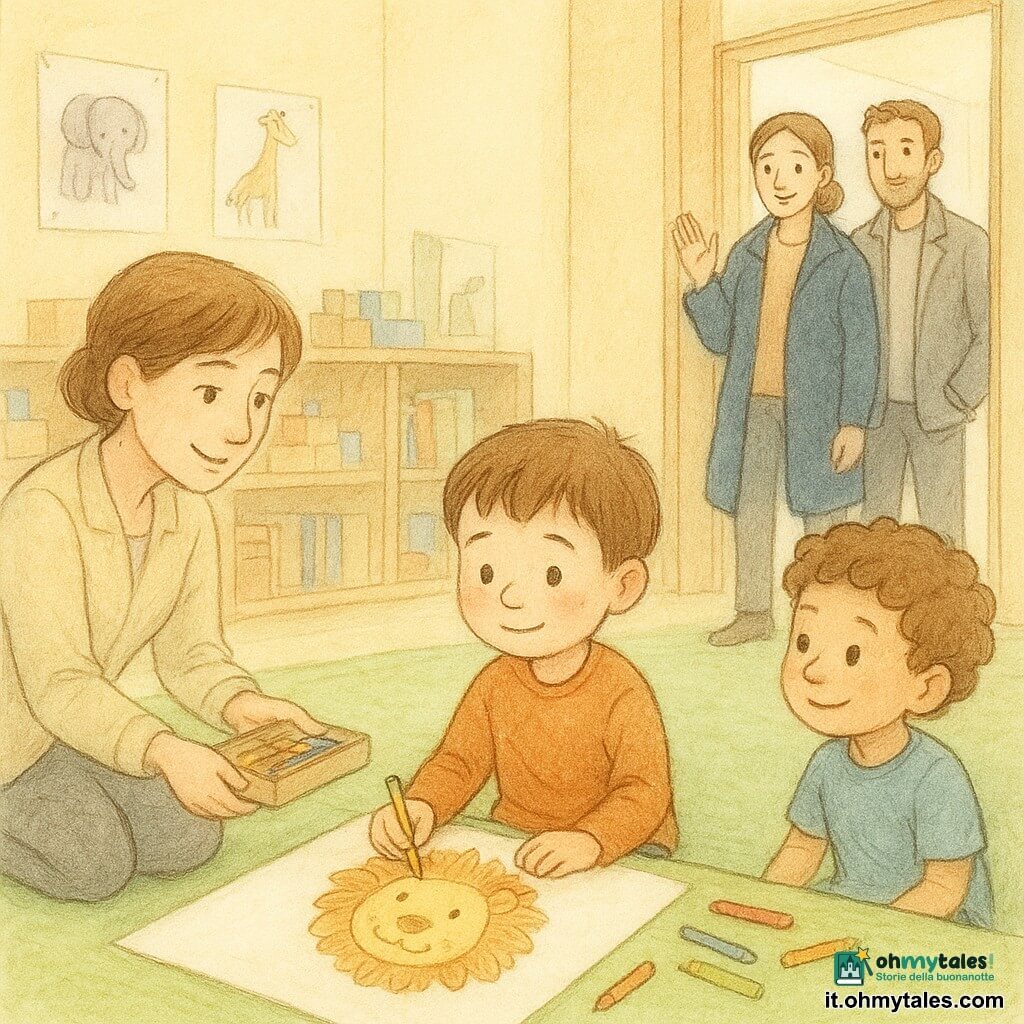 Un bambino di 6 anni, timido ma un po' fiero, capelli castani corti, guance lievemente rosate, seduto su un tappeto verde con un pastello giallo mentre disegna un grande leone sorridente su un foglio bianco; la mamma (30-35 anni) con capelli castani raccolti e un dolce sorriso, soprabito blu appoggiato sulla spalla, in piedi vicino alla porta con la mano alzata come per dire addio; il papà (30-35 anni) con capelli corti e barba leggera, giacca grigia, accovacciato nell'anta della porta con uno sguardo fiero e rassicurante; l'insegnante (28-35 anni) dai capelli corti, espressione calorosa, a pochi passi che porge una scatola di pastelli colorati; un compagno di circa 5-6 anni, capelli ricci, seduto accanto a lui che guarda il disegno sorridendo; luogo: aula luminosa con grande tappeto verde, pareti giallo chiaro, scaffali in legno con blocchi e libri colorati, poster di animali e una finestra che diffonde luce dorata; situazione: momento calmo e tenero in cui il bambino, appena lasciato dai genitori, si concentra a finire il disegno circondato da colori, pastelli sparsi e sguardi benevoli.