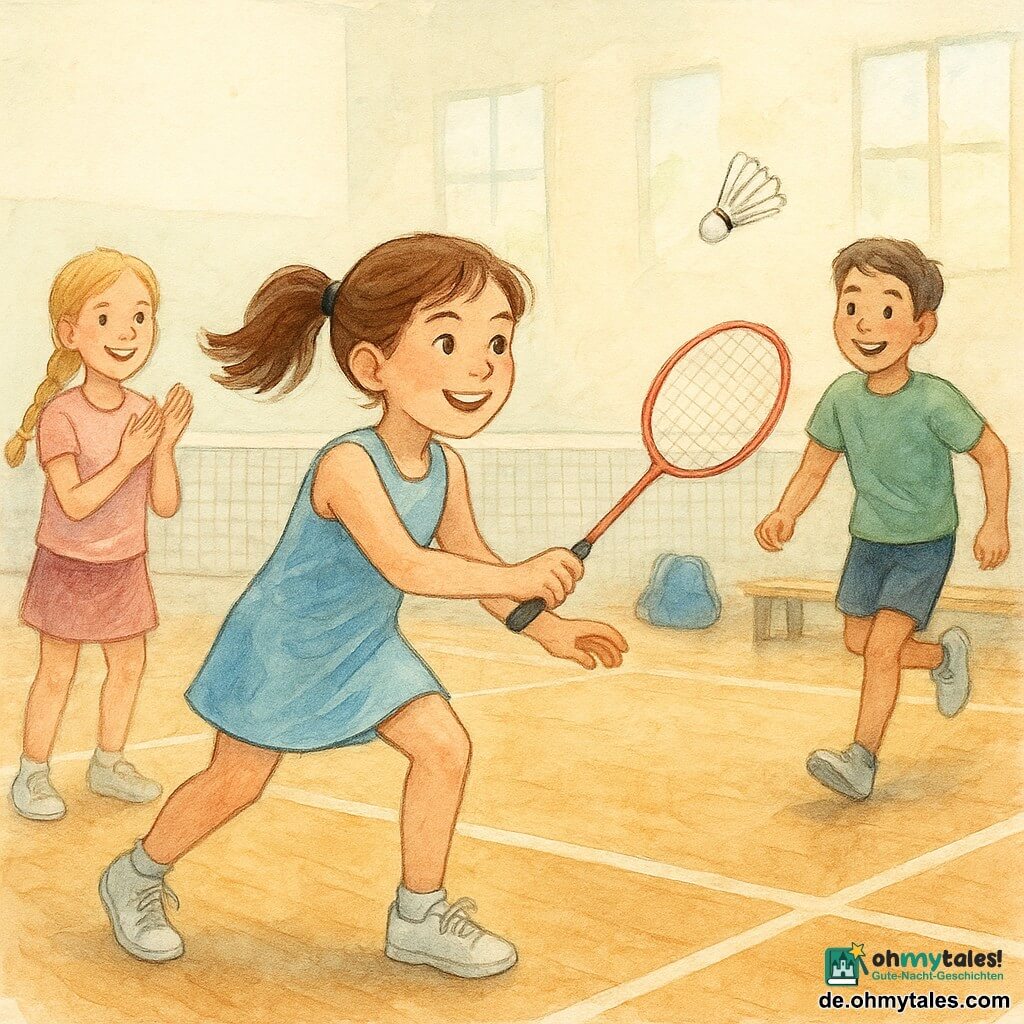Marie, 10 Jahre, im Vordergrund konzentriert und fröhlich, braune Pferdeschwanz, dynamisch, schlägt mit einem Badminton-Schläger; links hinten Lisa, 10, lachend und anfeuernd, blonde Zopf, klatschend; rechts Paul, ca. 11, entspannt und bereit zum Sprint; die Trainerin Frau Krüger, 35–45, graue Haare im Dutt, steht am Spielfeldrand lächelnd und applaudierend; große Turnhalle mit glänzendem Holzfußboden, Netz, hellen Wänden und großen Fenstern, Bänke und Sporttaschen am Rand, Federbälle in der Luft; Momentaufnahme des Ballfluges über das Netz, kameradschaftliche Atmosphäre, fließende Bewegung, pastellene Aquarellfarben, weiche expressive Linien.