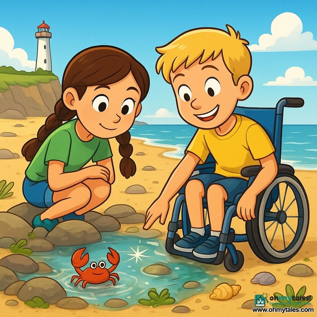 There are 2 main characters: - Maya, a 9-year-old girl with brown hair in braids and sparkling eyes, wearing a green t-shirt and blue shorts, crouched near a rock, observing a crab in a tidal pool. - Ella, a 9-year-old boy with short blond hair and a mischievous smile, sitting in a bright blue wheelchair, reaching out to gently touch the water of a tidal pool next to Maya. The setting is a beach in Bramblebay at low tide, with tidal pools glistening in the sun, surrounded by small green seaweeds and multicolored shells. In the background, a white lighthouse stands on a cliff against a light blue sky dotted with a few fluffy clouds. The main scene shows Maya and Ella exploring the tidal pools in search of marine treasures. Their faces express wonder and curiosity, while the clear water reflects the sun's rays, creating glimmers of light around them.