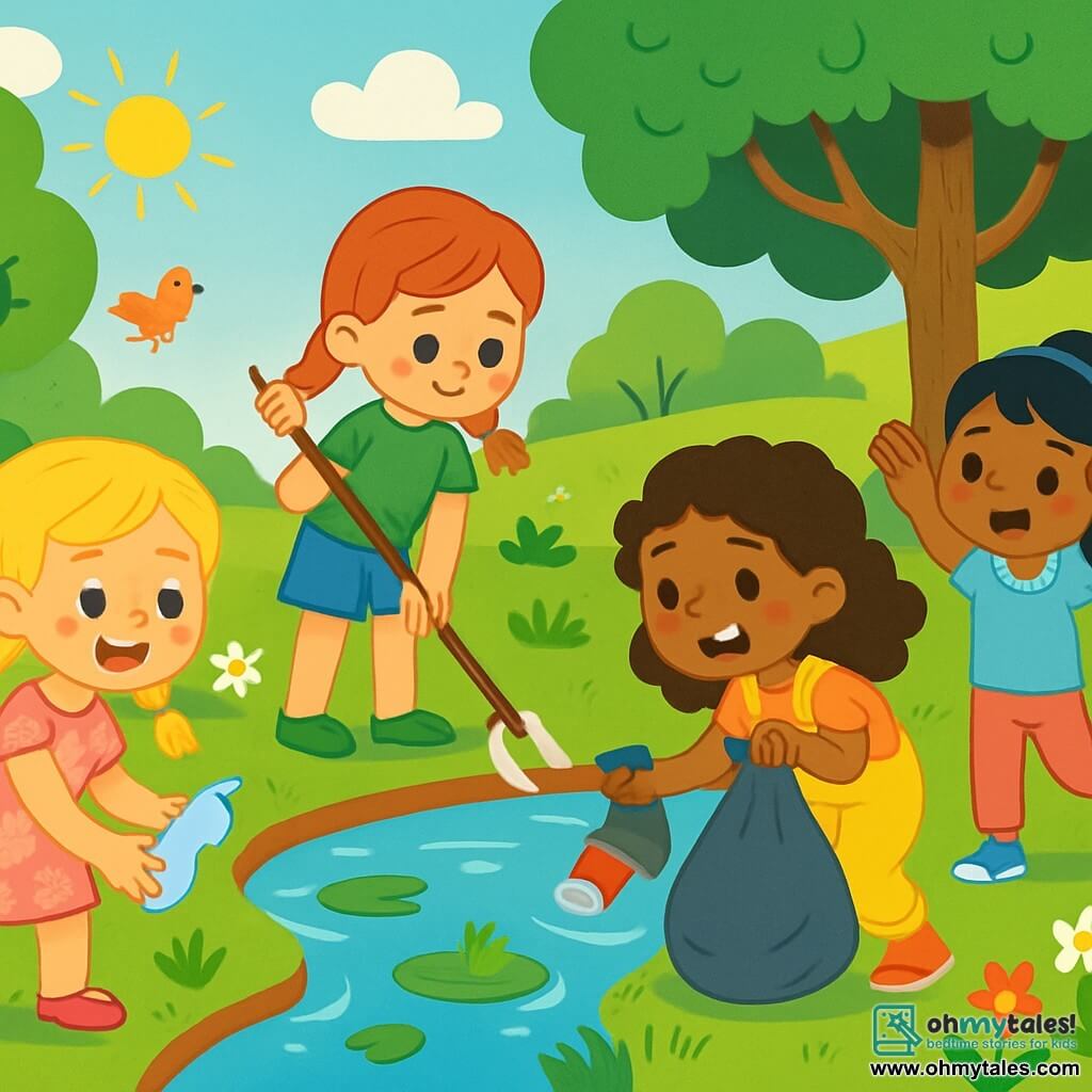 There are 4 children: Lily, a 7-year-old girl with blonde hair in braids, wearing a pink floral dress, is picking up a piece of plastic with a big smile. Rose, a 6-year-old girl with red hair in braids, dressed in a green t-shirt and blue shorts, is using a stick to catch litter in the water, looking focused. Daisy, a 7-year-old girl with curly brown hair in a yellow overall, is holding a trash bag and bending down to pick up a can, laughing joyfully. Poppy, a 6-year-old girl with black hair in a ponytail, wearing a light blue t-shirt and pink pants, stands with her arms raised in victory in front of a full trash bag. The setting is a sunny park with a large pond surrounded by green trees and colorful flowers. The lake water sparkles in the sun, and lily pads float on the surface. Birds are singing in the trees, and frogs are happily jumping on the banks. The main scene shows the four friends cleaning the park. They enthusiastically pick up trash, transforming the place into a clean and joyful environment. The children smile, happy to make a difference for nature.