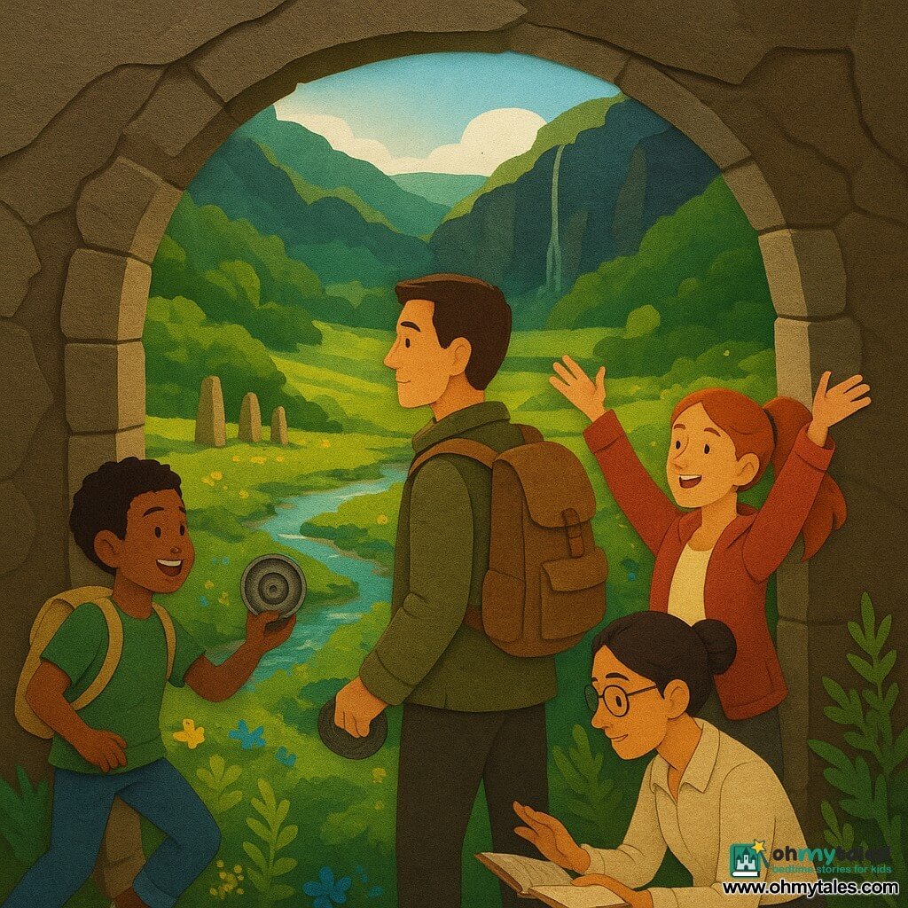 An adult man (Noah), serene, focused face, short brown hair, worn khaki jacket and backpack, holding a small battered metal plate with a spiral in his left hand, looks down at the valley; an adult woman (Dr. Laleh, ~45), hair in a bun, thin glasses, light shirt and open notebook, kneels by the cave entrance examining stone carvings with a look of wonder; a girl (Tessa, ~18), red hair in a ponytail, red jacket, joyful, teasing expression, arms open as if embracing the view, stands slightly right of Noah; a boy (Milo, ~13), excited face, green t‑shirt, holding a small protective pouch containing the metal plate, jumps slightly left of Noah; the carved stone tunnel mouth opens onto a sheltered valley with bright grass, thick ferns, blue and yellow flowers, a sparkling stream, a distant ring of standing stones, dark cliffs and a waterfall curtain at the back; warm sunlight floods the scene creating sharp shadows. The group has just opened the Stone Eye Door, fresh air escapes as they emerge into a Garden Above the Sea — a moment of discovery and relief captured in frontal composition with saturated colors, layered textures, crisp outlines and stylized shadows to emphasize depth.