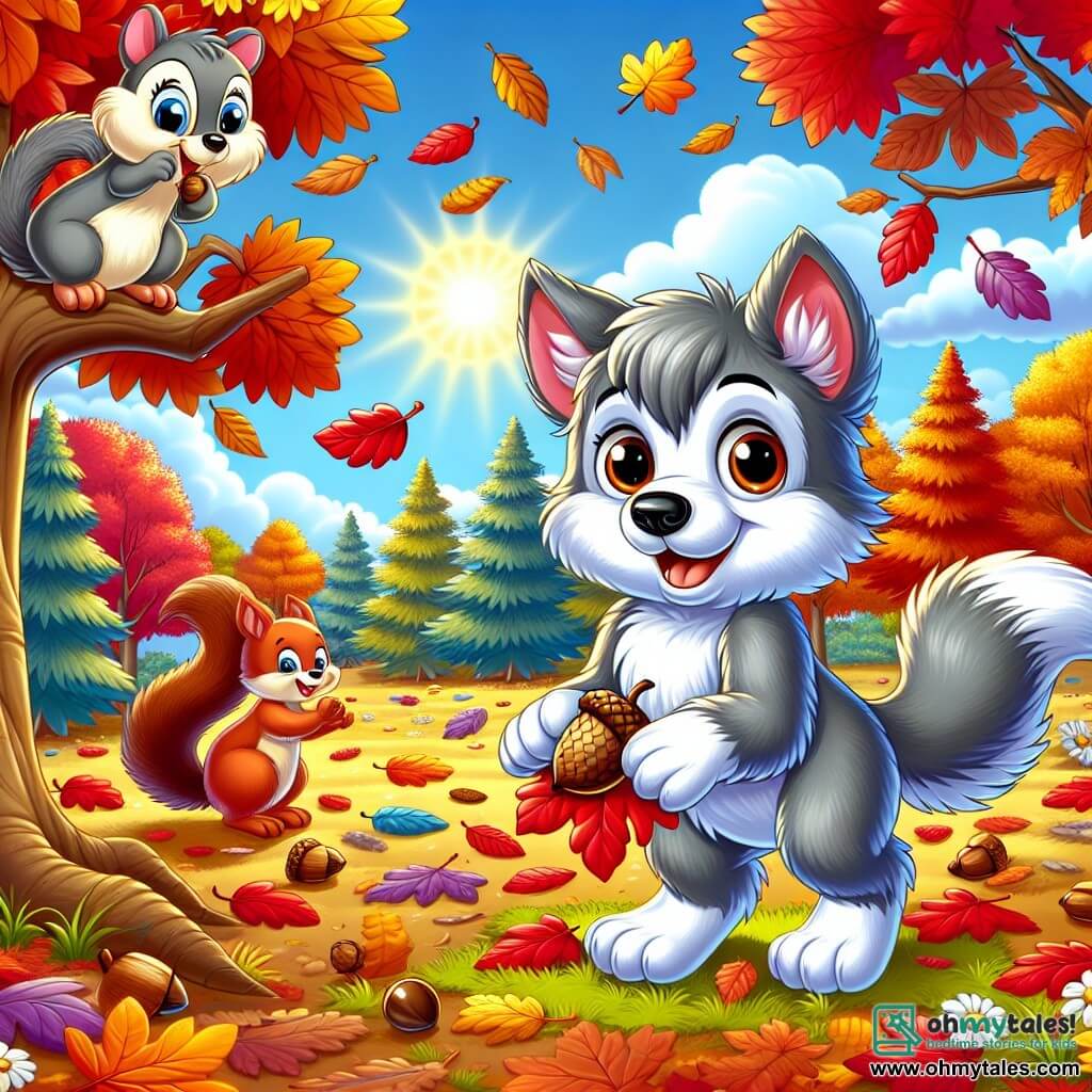 A small wolf with sparkling eyes and gray fur stands in the middle of an autumn park, amazed by the colorful leaves falling around him. He has a big smile on his face, paws raised as if trying to catch the leaves floating in the air. Next to him, a red-furred squirrel with a bushy tail climbs a tree, its eyes shining with joy. It looks at the little wolf with a friendly expression, holding an acorn in its tiny paws. A multicolored bird perched on a branch sings cheerfully, appearing happy and curious as it observes the scene below. The park is filled with tall trees with vibrant leaves, and the ground is covered with red, yellow, and orange leaf carpets. The sky is bright blue, and the sun shines, creating a warm and joyful atmosphere. The main scene shows the little wolf enjoying walking on the crunchy leaves while the squirrel and the bird enjoy this beautiful autumn day together in a mood of happiness and friendship.