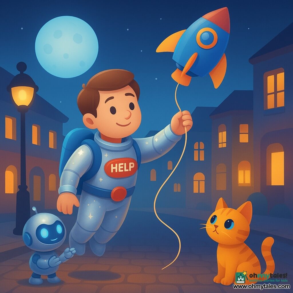 A young hero of about 25 with a round face and gentle smile wears a shiny silver suit with small stars, a blue jetpack and a belt with a large red "HELP" button; he flies slightly above the ground, reaching for the long string of a colorful silver space kite that has struck a lamppost; a small round metallic kitten-sized robot with glowing blue pupils stands on the sidewalk to the left near the lamppost, blinking and applauding; an orange tabby sits in the right foreground watching with a curled tail; the warm nighttime city shows round metal lampposts, colorful lit facades, glossy cobblestones and a pale blue moon above the roofs, the lamppost wobbles but the light comes back, creating a soothing, safe atmosphere.