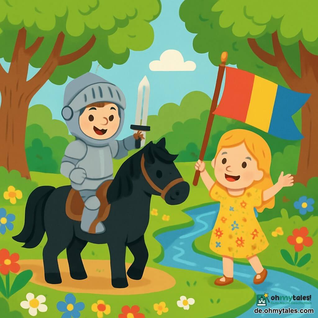 Ein mutiger Ritter mit glänzender Rüstung und einem breiten Lächeln steht stolz auf seinem schwarzen Pferd mit schimmerndem Fell. Er hat braune Haare, die unter seinem Helm hervorschauen, und leuchtende Augen vor Freude. Neben ihm hält ein etwa 8-jähriges Mädchen mit blonden Haaren und blauen Augen ein großes farbenfrohes Banner, ihr Gesicht strahlt vor Glück. Sie trägt ein leichtes Kleid mit Blumenmuster und steht am Ufer eines Baches. Der Ort ist eine wunderschöne, verzauberte Waldlandschaft mit majestätischen Bäumen und bunten Blumen am Wegesrand. Ein kristallklarer Bach fließt sanft und reflektiert das Sonnenlicht. Die Hauptszene zeigt den Ritter und das Mädchen, die sich am Ufer des Baches treffen, wo sie ihren Sieg mit Lachen und Lächeln feiern, umgeben von der Schönheit der Natur.