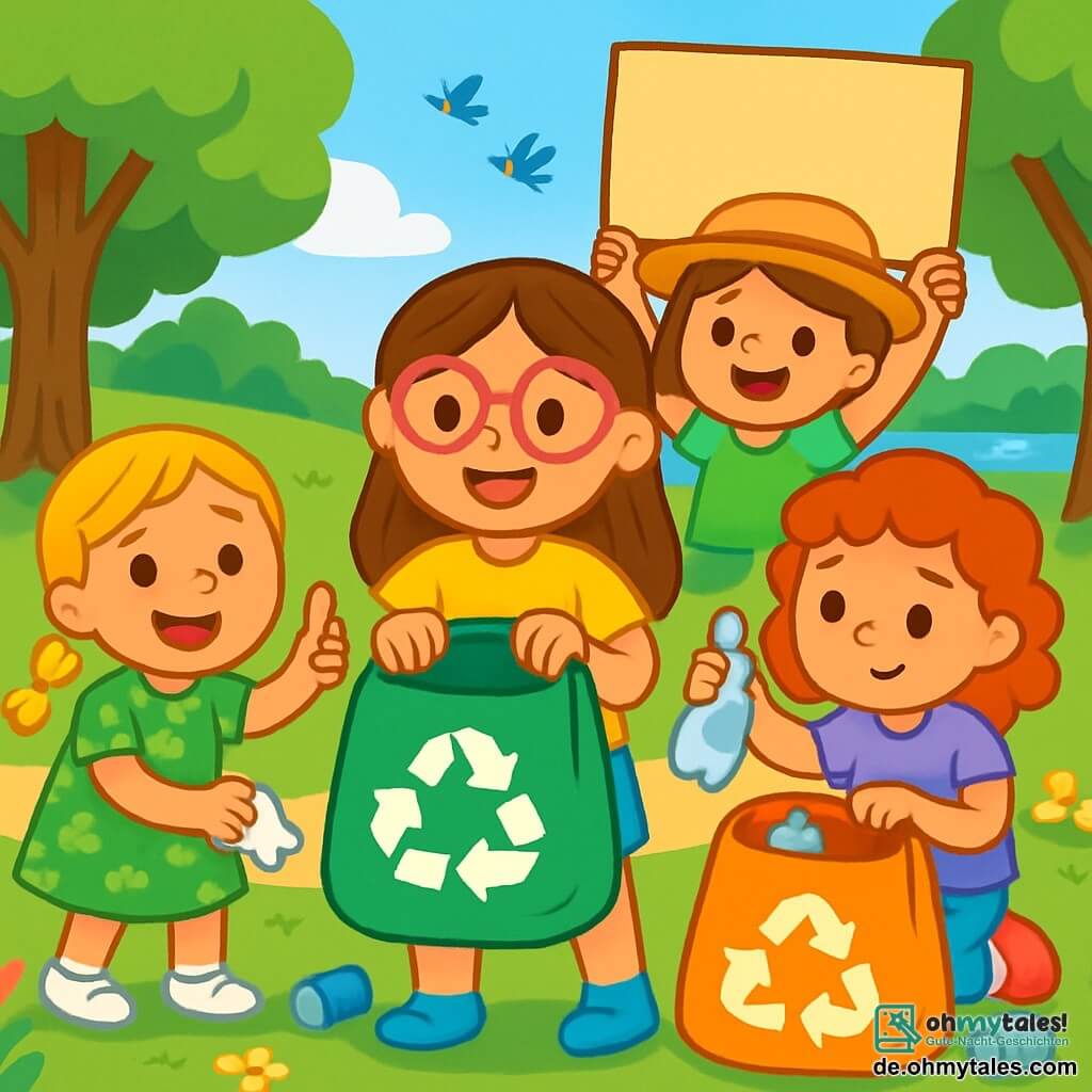 Es gibt 4 Kinder: - Mia: ein 8-jähriges Mädchen mit langen braunen Haaren und rosa Brille. Sie trägt ein gelbes T-Shirt und eine blaue Shorts. Sie steht lächelnd in der Mitte und hält eine große Recycling-Tasche. - Lila: ein 7-jähriges Mädchen mit geflochtenen blonden Haaren und einem grünen Blumenkleid. Sie steht links von Mia und hebt mit einer Hand einen Müll auf, während sie mit der anderen den Daumen hoch zeigt. - Emma: ein 6-jähriges Mädchen mit lockigen roten Haaren und einem lila T-Shirt. Sie steht rechts von Mia und sortiert konzentriert Müll in einer anderen Tasche. - Sara: ein 7-jähriges Mädchen mit braunen Haaren und einem Strohhut. Sie steht hinter Mia und hält ein großes buntes Schild mit der Aufschrift "Halt den Müll!", während sie breit lächelt. Die Szene spielt in einem grünen Park mit majestätischen Bäumen und bunten Blumen. Ein kleiner See glitzert in der Ferne, während Vögel fröhlich fliegen. Die Kinder reinigen den Park, sammeln begeistert Müll und lachen und singen, während Saras Schild die Aufmerksamkeit anderer Kinder auf sich zieht.