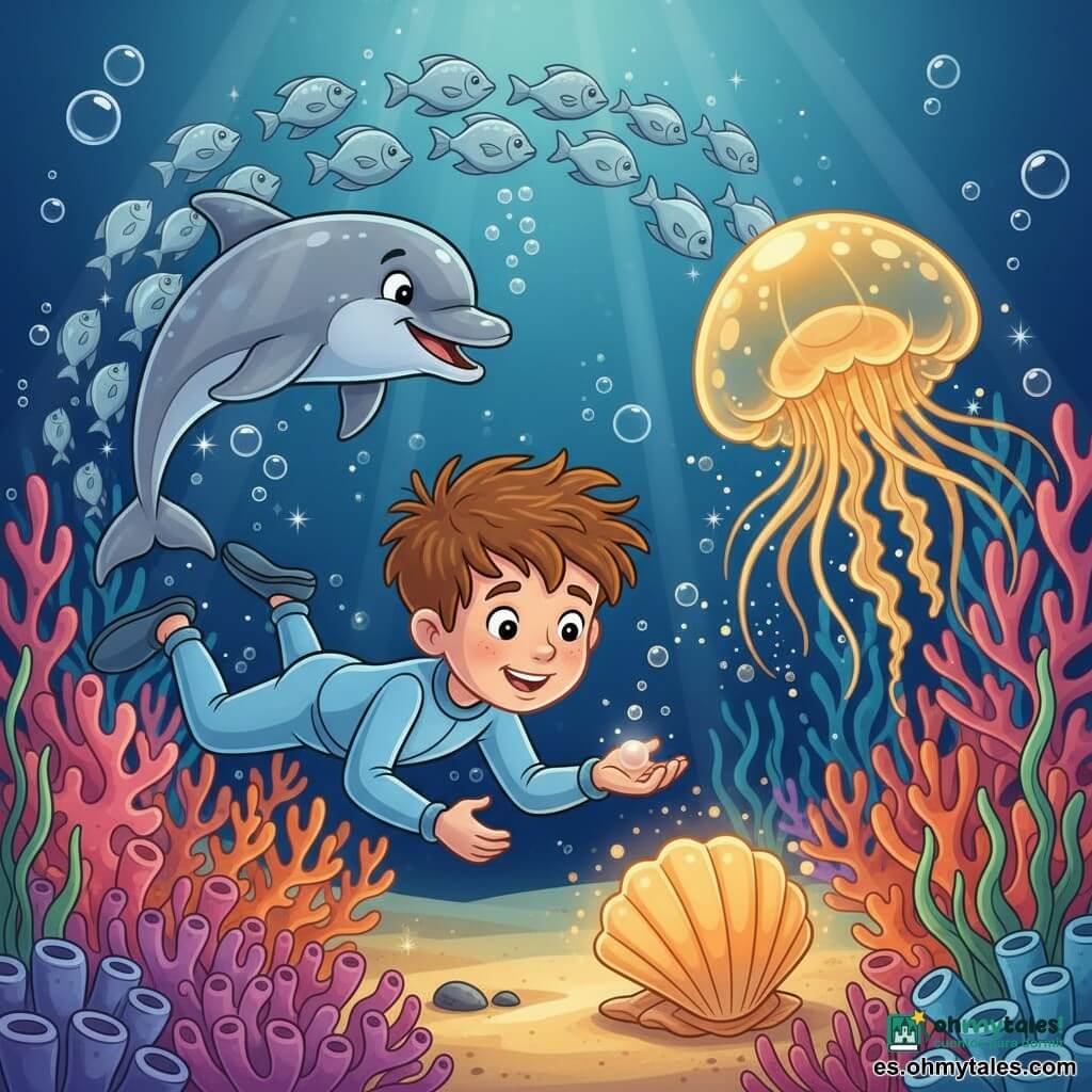 Un niño de 10 años, ojos grandes y curiosos, sonrisa tímida pero valiente, pelo castaño despeinado y traje de buceo azul claro nada hacia una gran concha luminosa mirándola maravillado y sostiene una pequeña perla en la palma. A su derecha flota una gran medusa dorada translúcida con puntos luminosos cuyos tentáculos ondean como cintas y lo guía; detrás a la izquierda salta un delfín joven gris plateado con reflejos azules, protector y juguetón, lanzando burbujas brillantes. Un banco de peces luna plateados forma un círculo protector al fondo. El lugar es un jardín submarino de corales: corales rosados y naranjas en forma de árboles, anémonas violetas, arena dorada y rayos de luz diagonales desde la superficie. Escena centrada en la concha y la mirada asombrada del niño, ambiente mágico, tranquilo y colorido con burbujas y partículas luminosas; paleta viva de azules profundos, amarillos cálidos y toques de rosa, líneas nítidas, contornos suaves, estilo dibujo animado años 90.