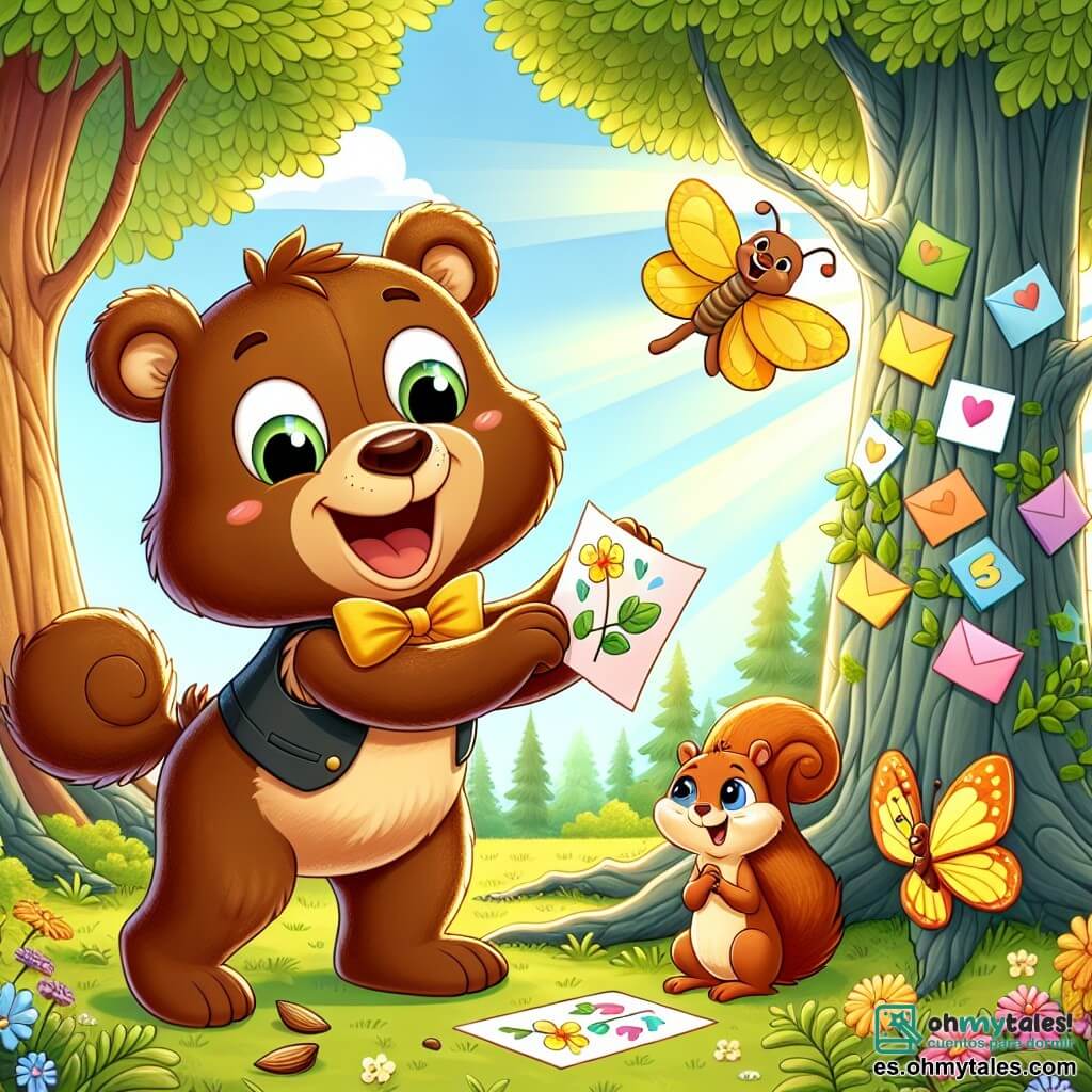 Ilustración de un joven oso pardo, alegre y entusiasta, decorando un árbol con tarjetas coloridas, sonriendo emocionado. A su lado, una mariposa amarilla vuela alrededor, animándolo con gestos amistosos. Un poco más lejos, una ardilla adorable observa la escena, sosteniendo una nuez y lista para ayudar. El lugar es un bosque encantado, lleno de árboles majestuosos y flores coloridas, con rayos de sol filtrándose entre las hojas, creando una atmósfera mágica. La situación principal muestra al oso y sus amigos preparando una sorpresa para el Día de la Madre, decorando el bosque con tarjetas hechas a mano, mientras los pájaros cantan alegremente. La escena evoca el amor y la celebración de esta festividad.