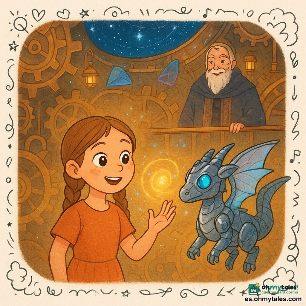 Una niña de 10 años, Aina, rostro redondo, cabello castaño claro en trenzas, ojos grandes y asombrados, expresión alegre y concentrada, toca con la mano derecha una esfera luminosa flotante; un pequeño dragón metálico llamado Lúmidor, tamaño de un gato grande, cuerpo en placas de metal pulido, alas translúcidas irisadas y ojos azul luminoso, vuela a la altura del hombro observando con benevolencia; el Maestro Orbán, hombre de unos 70 años con barba blanca trenzada y túnica de tecnomante bordada con runas de cobre, sonríe orgulloso desde una pasarela detrás; la escena tiene lugar en una sala circular de engranajes dorados gigantes con conductos de cobre, faroles de filamento y puzzles geométricos luminosos flotantes; ambiente science-fantasy con partículas de luz azul, notas musicales visibles como cintas de color y hologramas estelares en el techo oscuro; acción principal: Aina activa una puerta de engranajes resolviendo un puzzle luminoso y la luz asciende en espiral a su alrededor y del dragón, mostrando movimiento y asombro; paleta: tonos cálidos cobre y oro con acentos neón azul y violeta y contrastes suaves para un aspecto infantil y mágico.