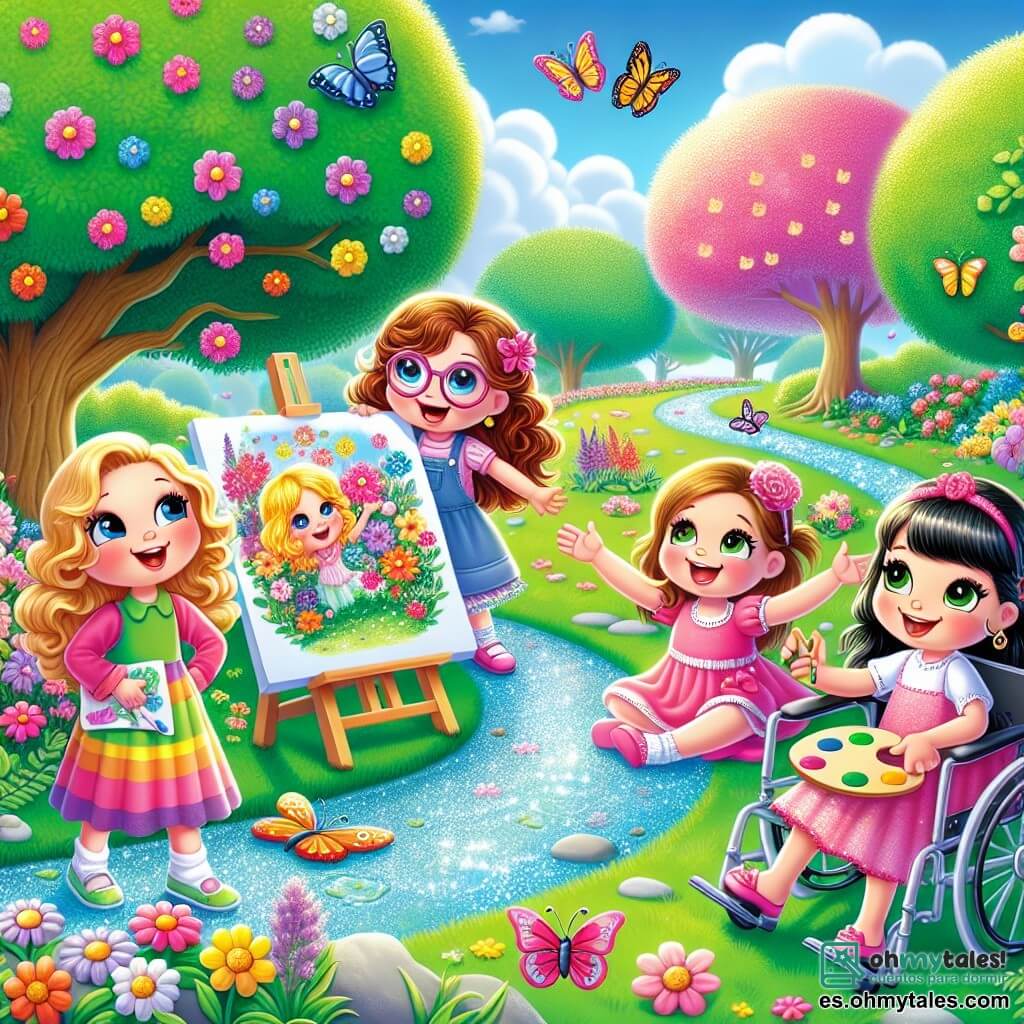 Cuatro niñas de ocho años están alegres en un parque en plena floración primaveral. Clara, con cabello castaño y gafas redondas, sonríe sosteniendo un gran dibujo de flores coloridas. Sofía, con cabello rubio y rizado, levanta los brazos riendo, rodeada de mariposas que vuelan a su alrededor. Valentina, con cabello castaño y un bonito vestido rosa, está sentada en su silla de ruedas, sosteniendo una paleta de pintura llena de colores vivos. Ana, con cabello negro y liso, está agachada, observando atentamente un árbol cargado de manzanas. El parque es un lugar mágico, lleno de flores brillantes, grandes árboles verdes y un pequeño arroyo que serpentea por la hierba. Los pájaros cantan alegremente en las ramas y el cielo es de un azul brillante, salpicado de algunas nubes blancas esponjosas. Las cuatro amigas celebran el inicio de la primavera organizando una búsqueda del tesoro, buscando pistas escondidas entre las flores y los árboles, riendo y compartiendo momentos de alegría y creatividad.