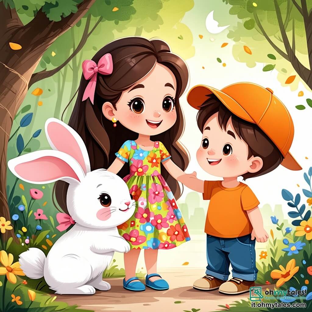 Una bambina di 6 anni, Sofia, con lunghi capelli castani raccolti in due belle trecce, indossa un vestito colorato a fiori e mostra un grande sorriso di meraviglia. Si sta avvicinando a un adorabile coniglietto bianco con un piccolo fiocco rosa attorno al collo, che sembra felice e curioso. Accanto a lei, il suo amico Luca, un ragazzo di 6 anni con un cappello arancione e occhiali da sole, ride tenendo un pallone rosso, mentre Giulia, una bambina di 5 anni con trecce bionde, tiene un pacchetto regalo con un grande fiocco blu, gli occhi brillanti di eccitazione. La scena si svolge in un giardino soleggiato, pieno di fiori colorati e palloni fluttuanti, con un grande tavolo decorato di dolci e prelibatezze, sotto un cielo azzurro chiaro punteggiato di alcune nuvole bianche. Sofia e i suoi amici stanno festeggiando il suo compleanno, circondati da risate e giochi, mentre il coniglietto magico salta felice, portando un tocco di magia a questa giornata speciale.