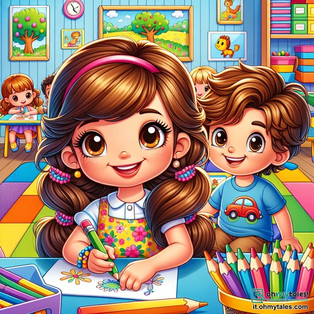 Una bambina di 5 anni, Sofia, con lunghi capelli castani intrecciati e un grande sorriso, è seduta al suo banco in una classe colorata. Indossa un vestito a fiori e tiene una matita colorata, pronta a disegnare. I suoi occhi brillano di eccitazione e entusiasmo. Accanto a lei, un bambino di 5 anni di nome Luca, con capelli castani arruffati e una maglietta blu con un'auto rossa, guarda Sofia con un sorriso amichevole. Anche lui tiene una matita e sembra impaziente di iniziare a disegnare. La classe è luminosa e accogliente, con pareti decorate da disegni di animali e alberi. C'è un grande tappeto colorato al centro, dove altri bambini sono seduti, e una biblioteca piena di libri colorati sullo sfondo. La scena principale mostra Sofia e Luca intenti a disegnare insieme, circondati dai loro compagni, tutti sorridenti e impegnati nell'attività, creando un'atmosfera gioiosa e amichevole di inizio anno scolastico.